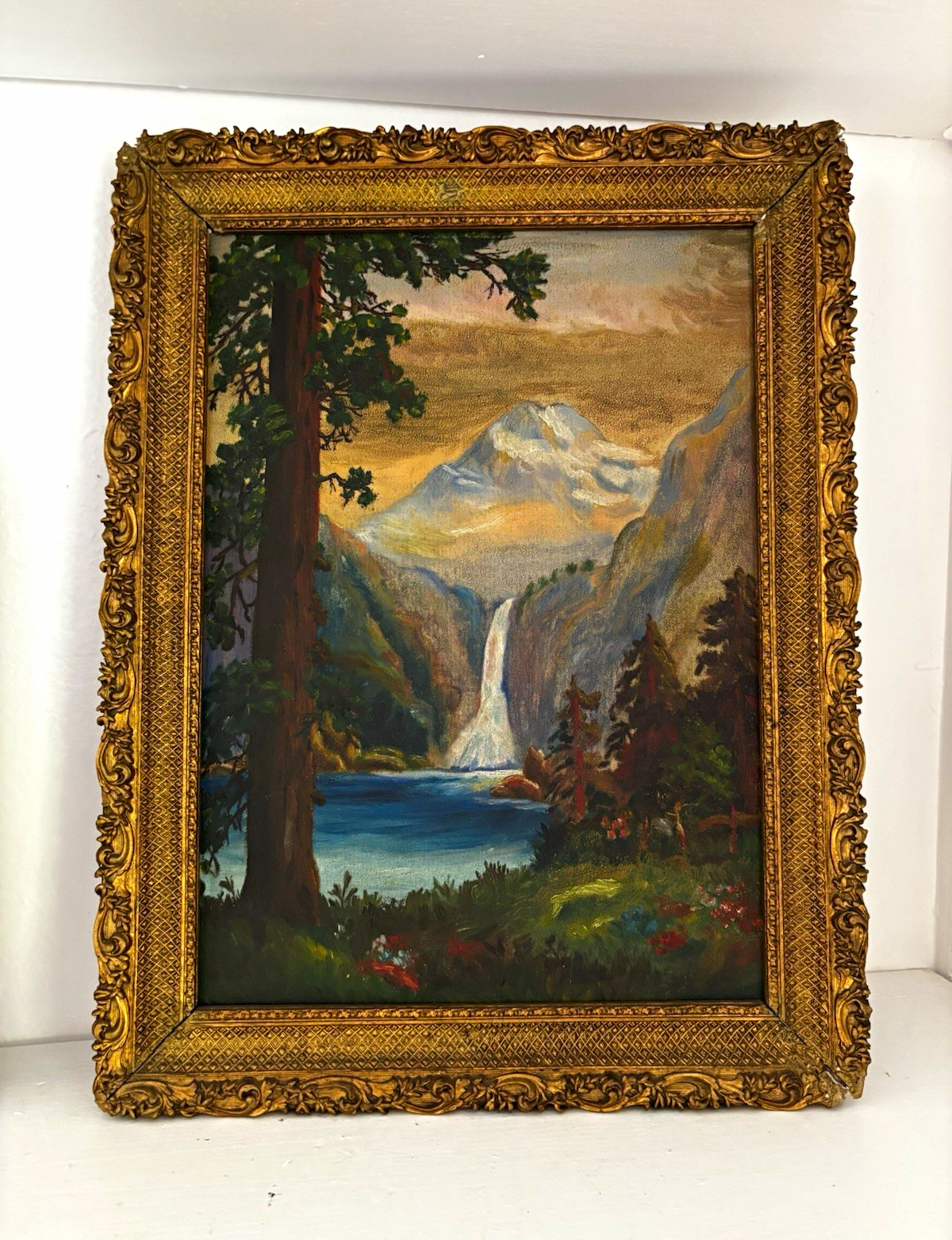 Antique 19th century oil on board landscape waterfall painting Giltwood frame