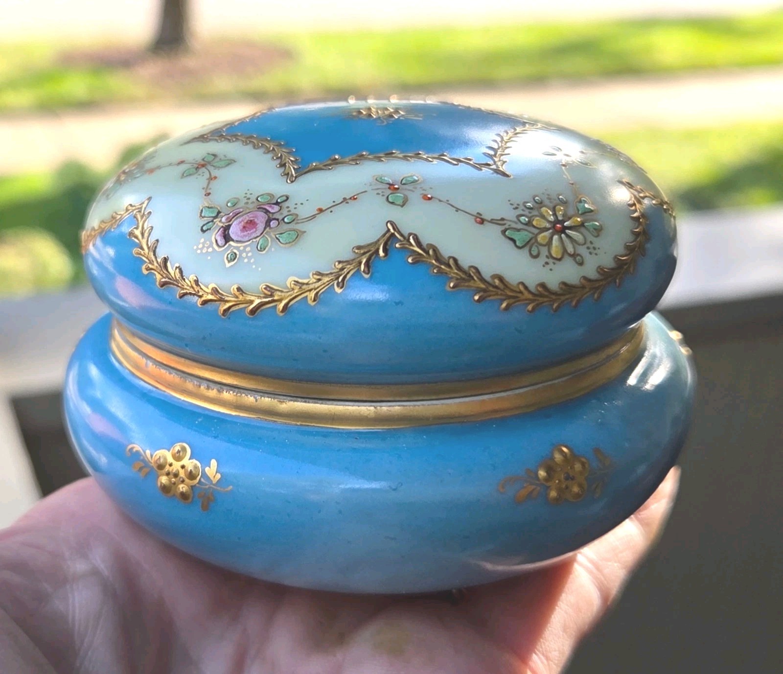 Antique Dresden Porcelain Box Helena Wolfsohn Hand Painted Blue Gold c. 1880 Sgn