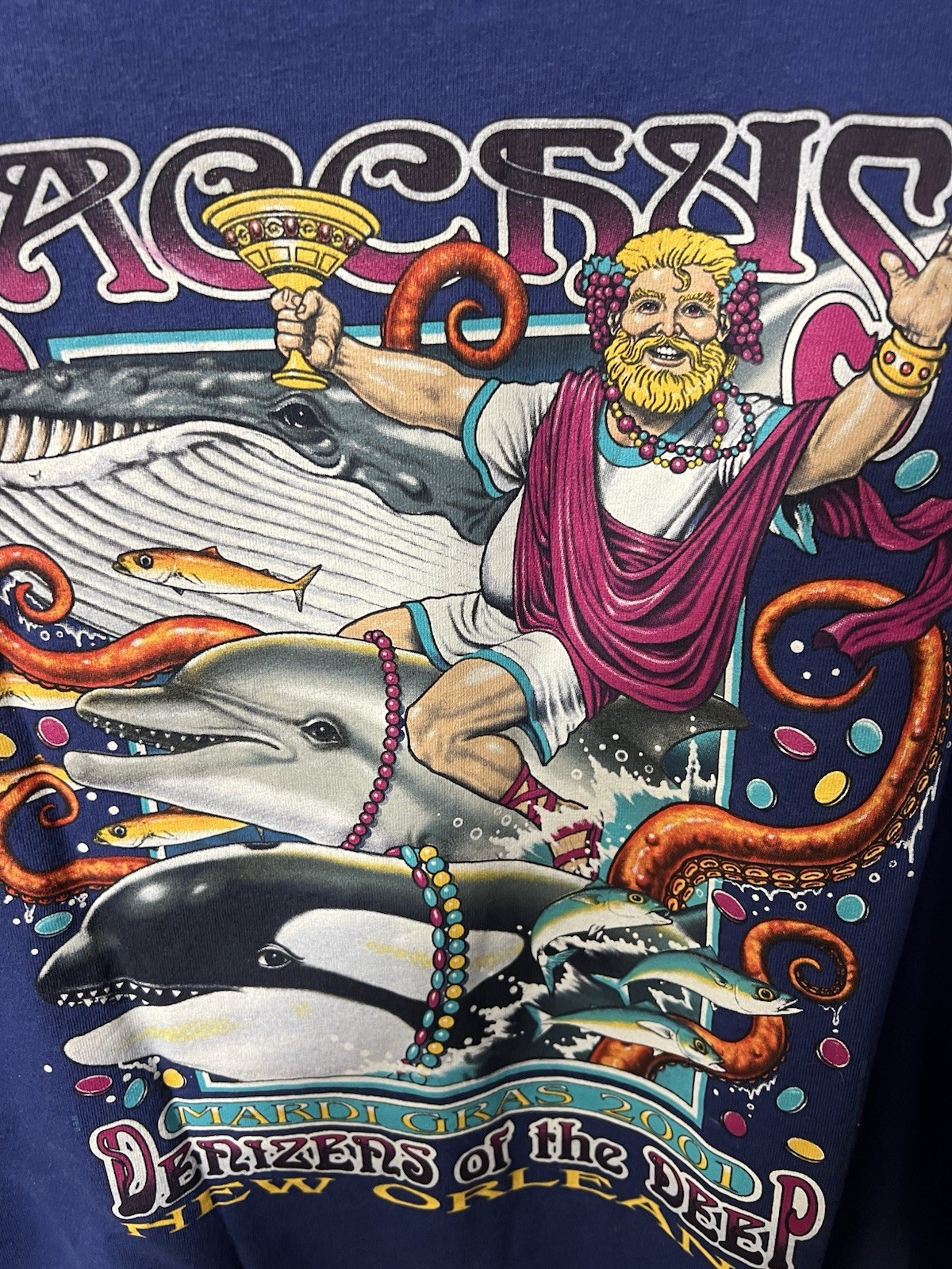 Vintage 2001 Bacchus Mardi Gras T Shirt Mens 2XL Blue New Orleans Anvil Y2K