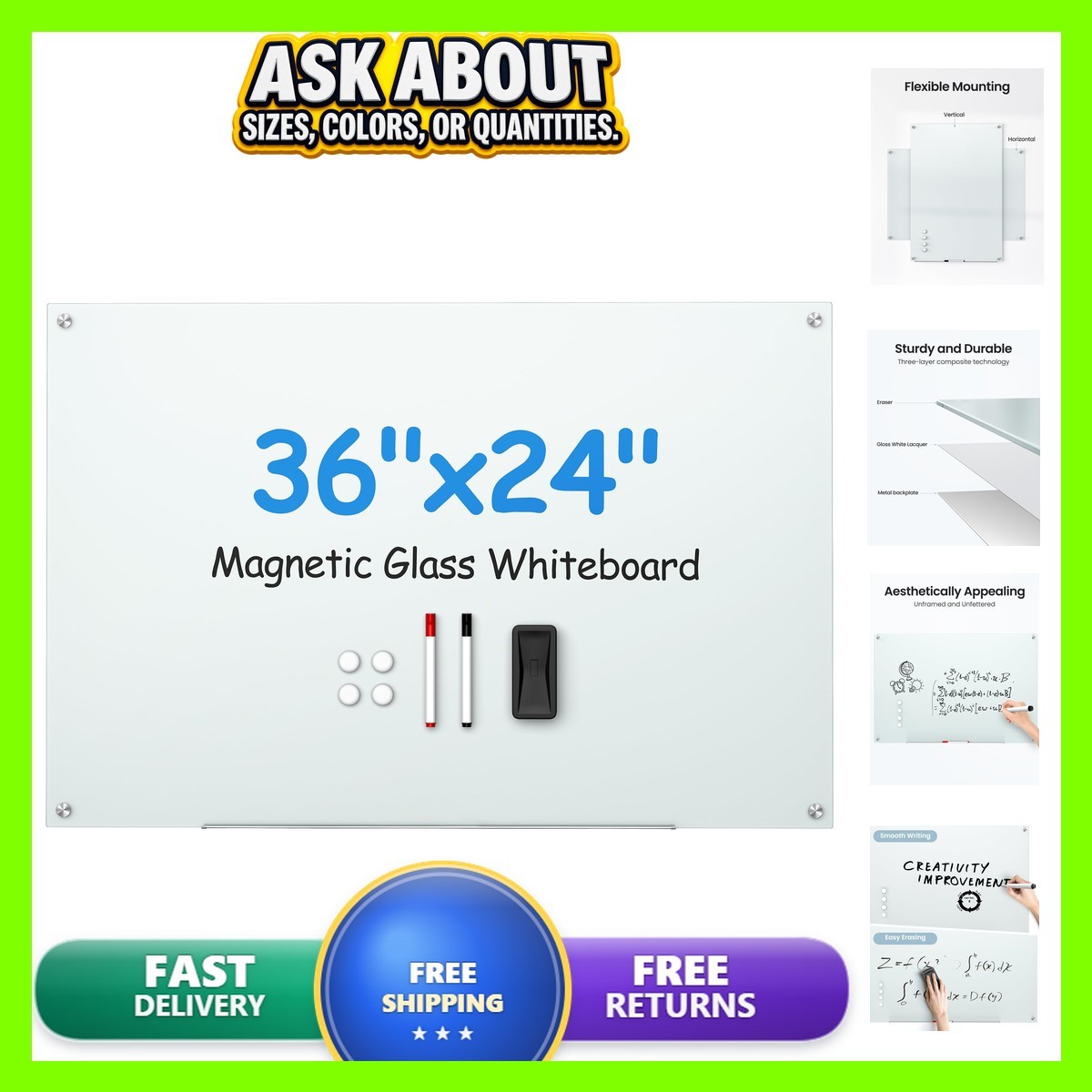 VUSIGN Magnetic Glass Dry Erase White Board, 24 VUSIGN Magnetic Glass Dry Erase White Board, 24
