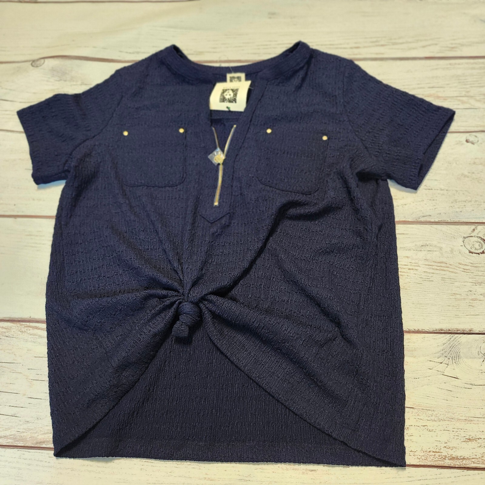 Anne Klein Navy Textured Short Sleeve Top with Front Zipper Knot Detail Lg NWT