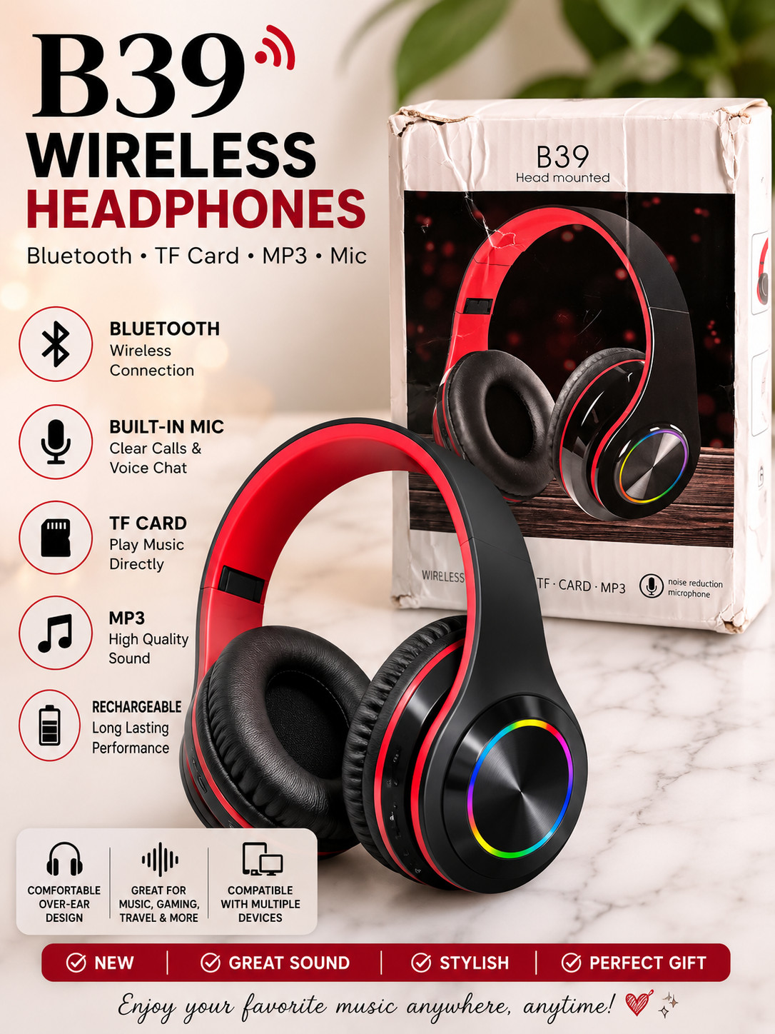 B39 Wireless Bluetooth Headphones Over Ear Headset Mic TF Card MP3 NEW