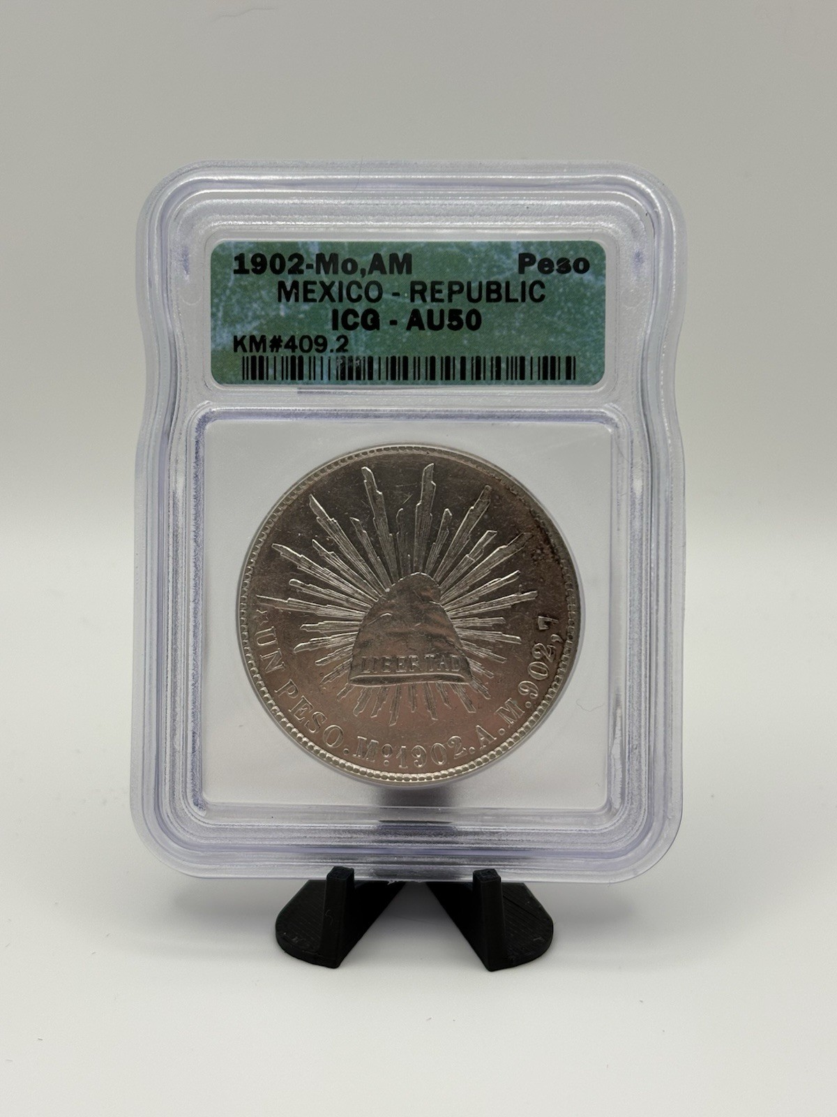 1902 Mo AM Mexico 1 Peso AU50 ICG .903 Silver Cap & Rays KM#409.2 RARE 