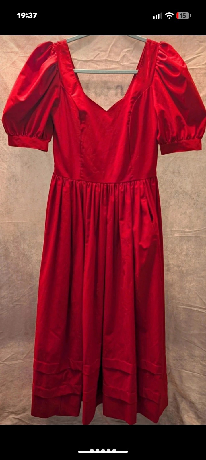 Laura Ashley 1980s Crimson Red Midi A-Line Dress 100% Cotton V-Neck Puff Sleeve