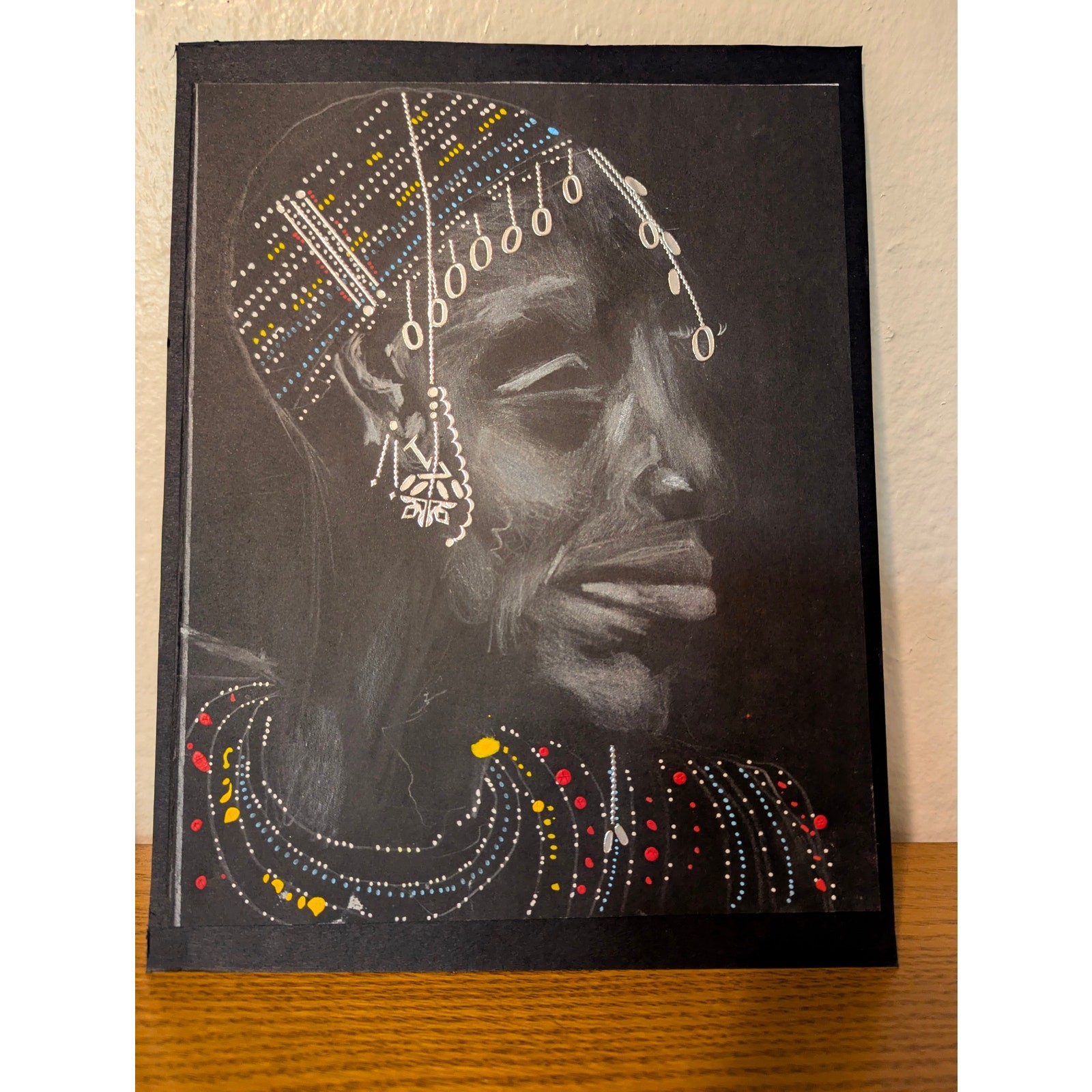 Original African Woman Portrait Mixed Media Beaded Art Framed 9x11