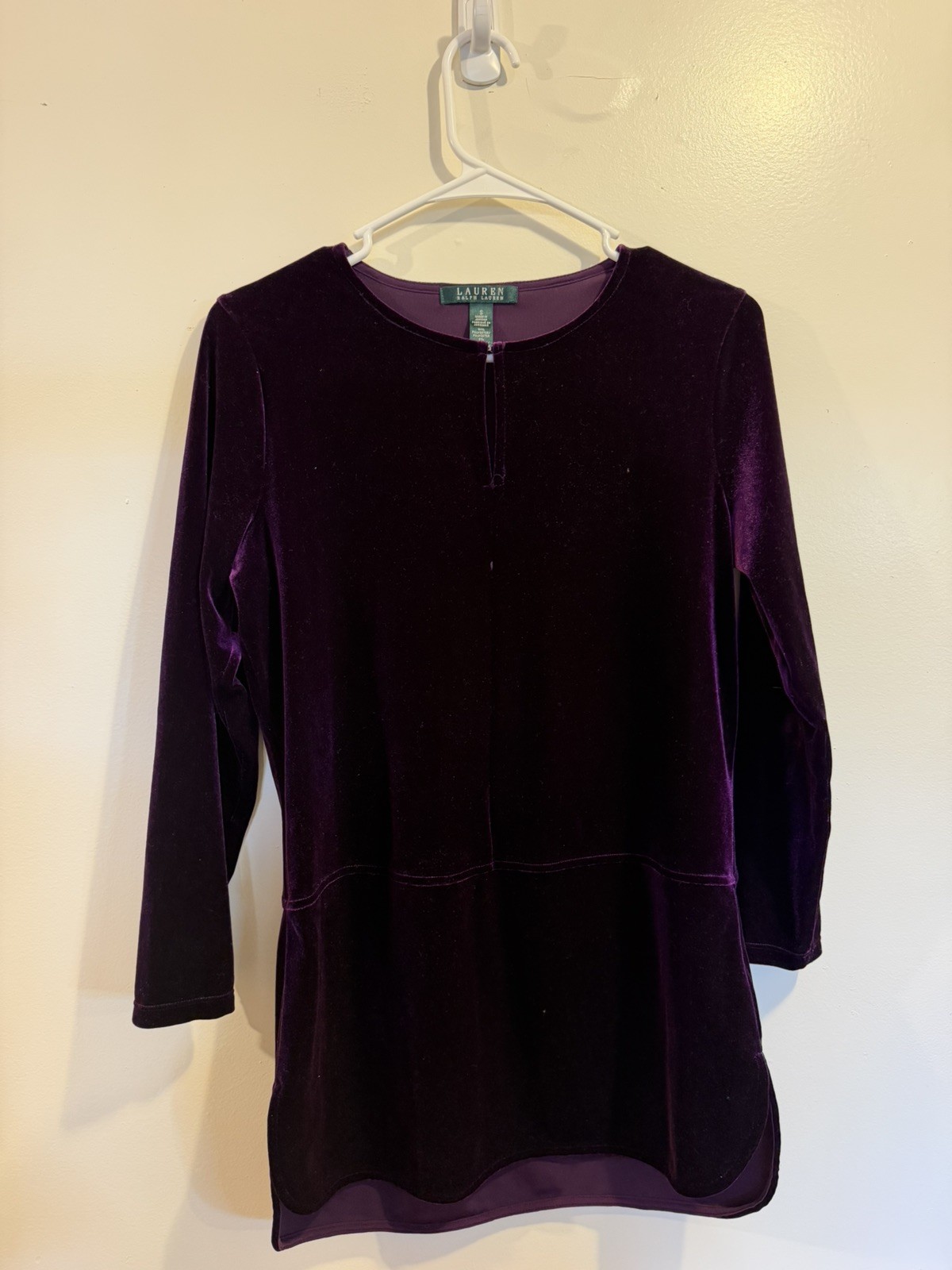 Lauren Ralph Lauren Purple Velvet Tunic Top Women\'s Small Long Sleeve Drop Waist