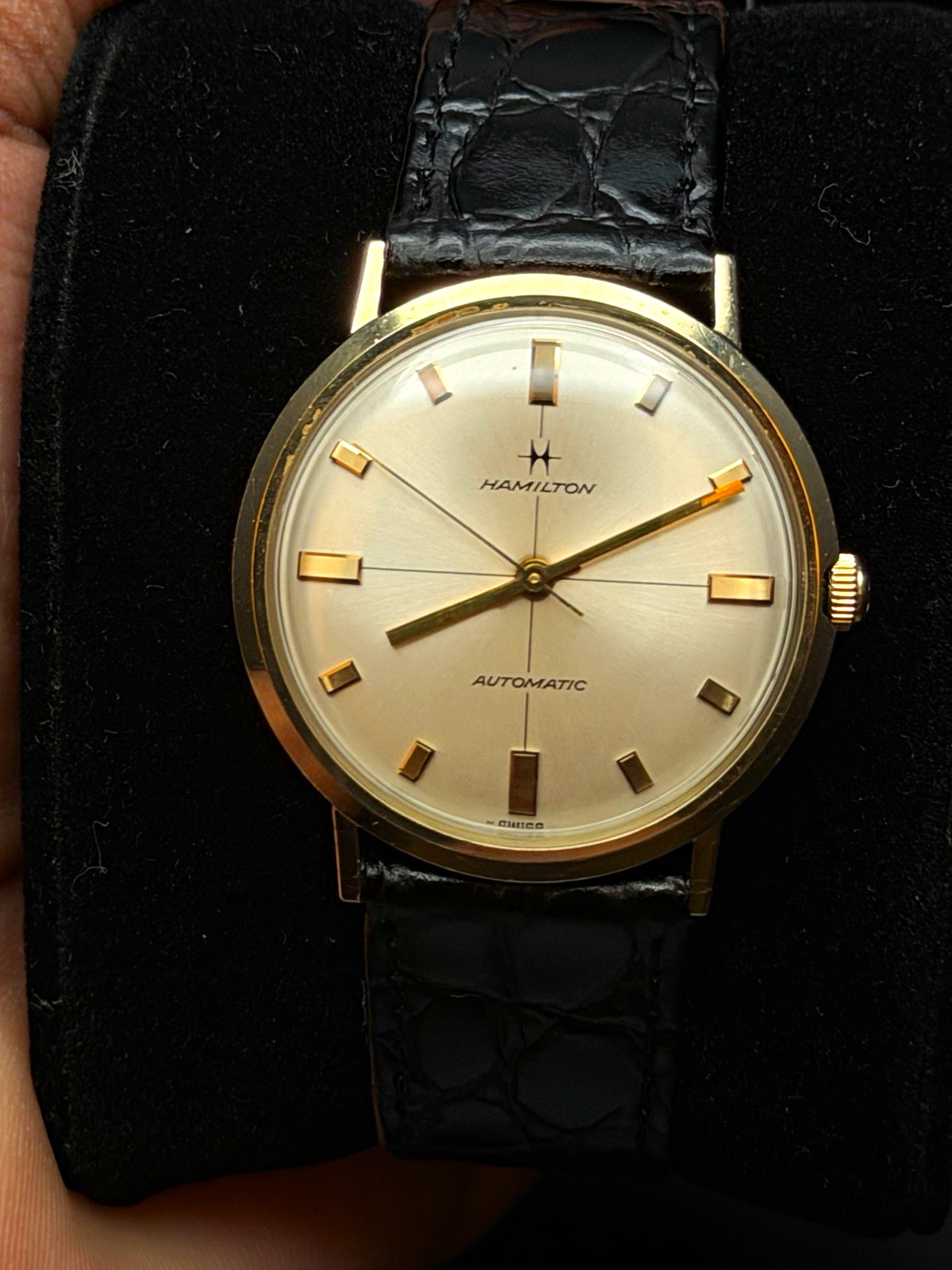 Vintage Hamilton Accumatic A-605 Automatic 33mm 10K RGP Crosshair Running Strong