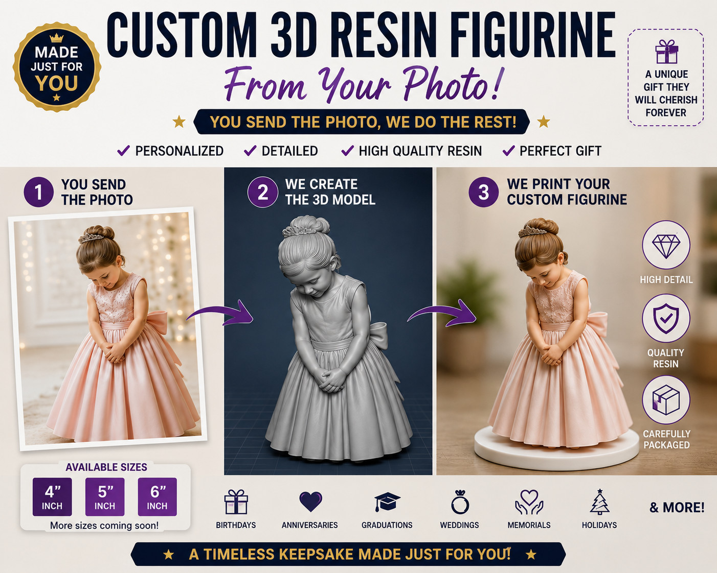 Personalized 3D Portrait Statue Hand Painted from Your Photo Custom Gift