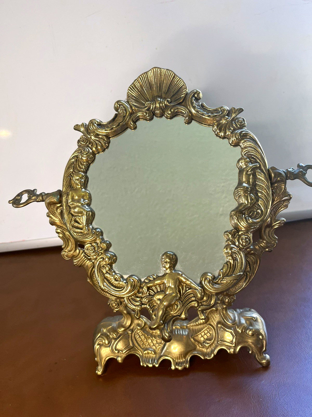 Vintage Brass Ornate Swivel Vanity Table Mirror Victorian French Shell Cherub Vintage Brass Ornate Swivel Vanity Table Mirror Victorian French Shell Cherub