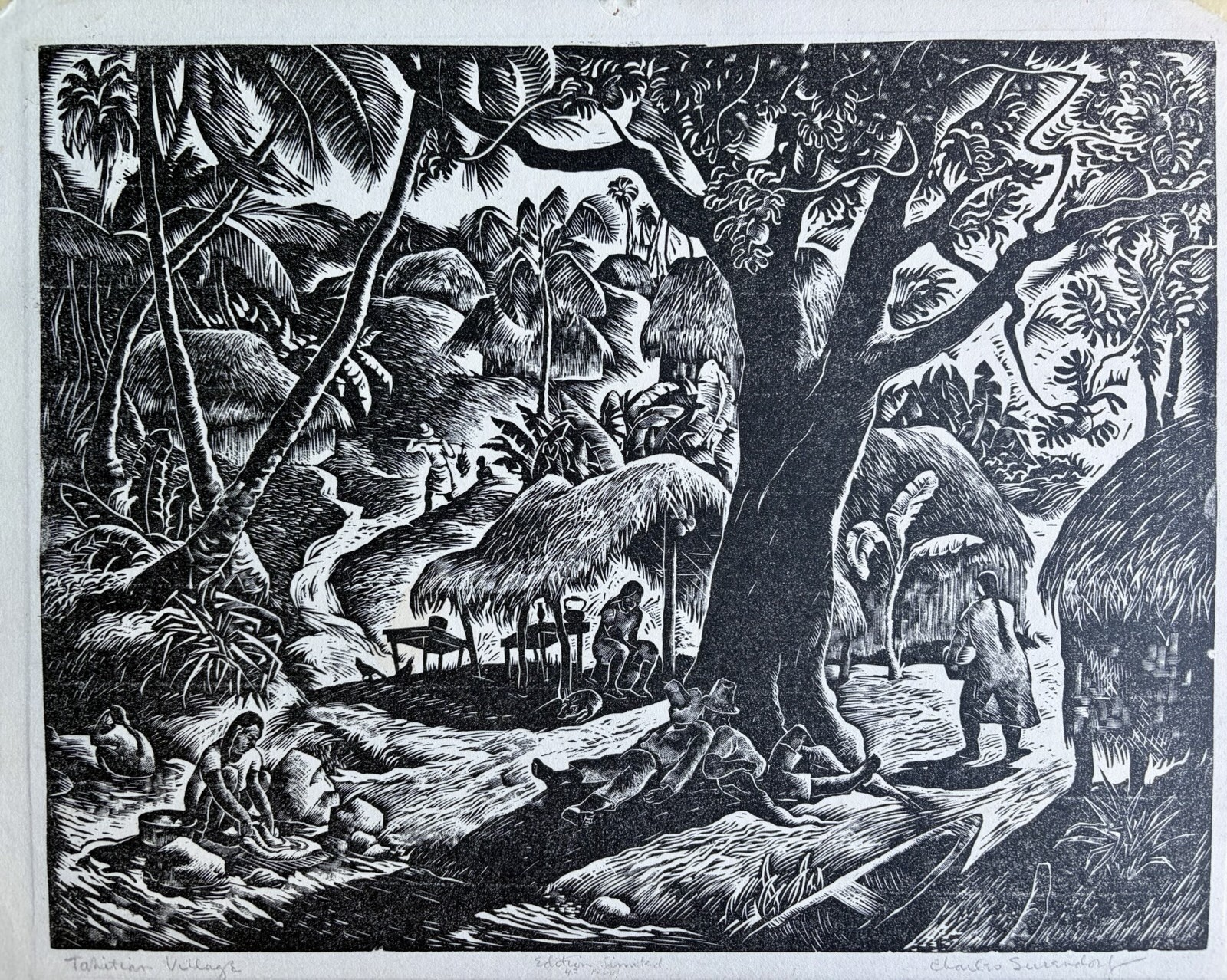 CHARLES SURENDORF-Signed Linocut Print –Tahitian Village-1940s CHARLES SURENDORF-Signed Linocut Print –Tahitian Village-1940s
