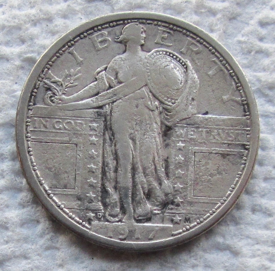 1917-D Type 1 25C Standing Liberty Silver Quarter Rare Key Date XF Cleaned Pits