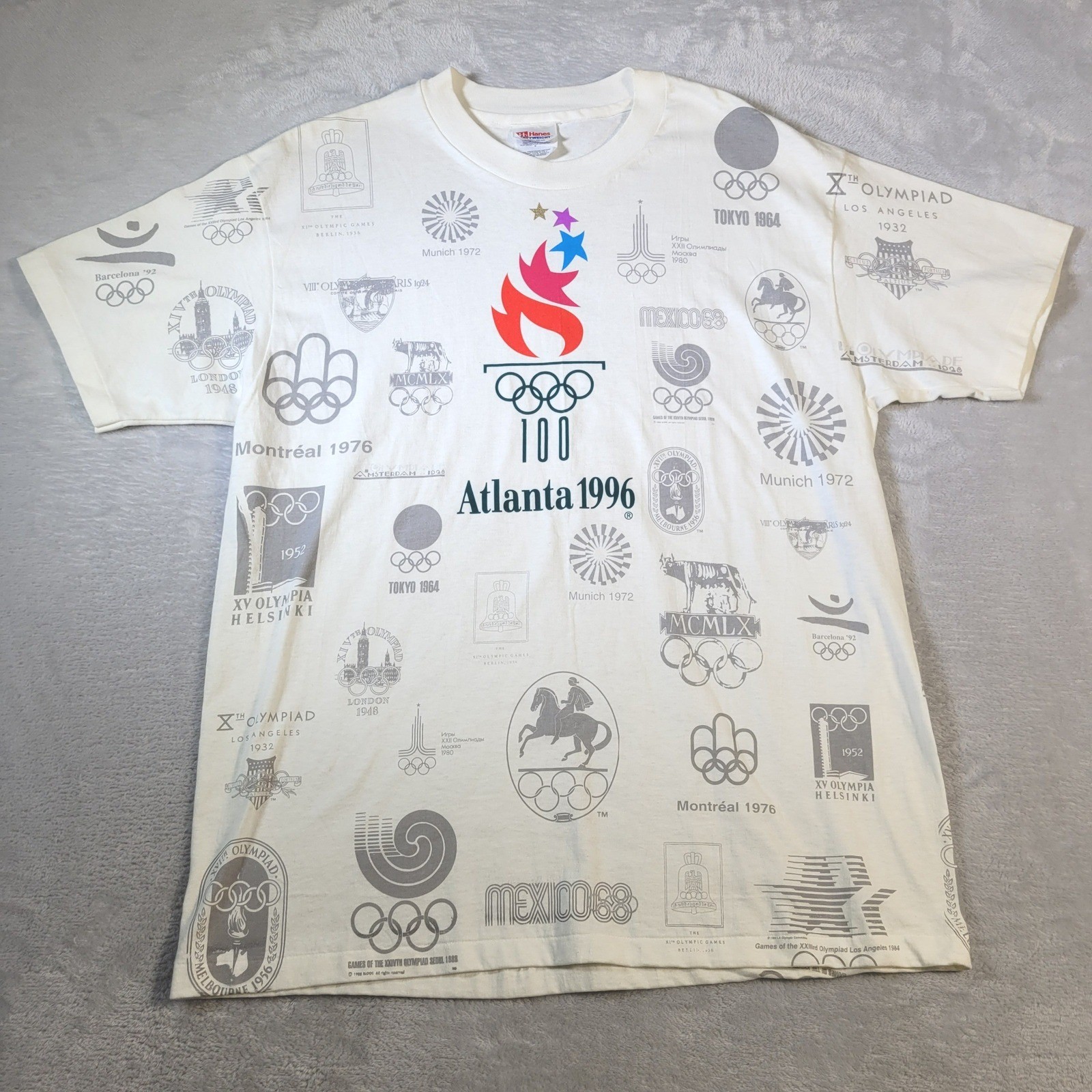 1996 Atlanta Olympics Hanes T-Shirt Mens L White All Over Print Vintage Logos