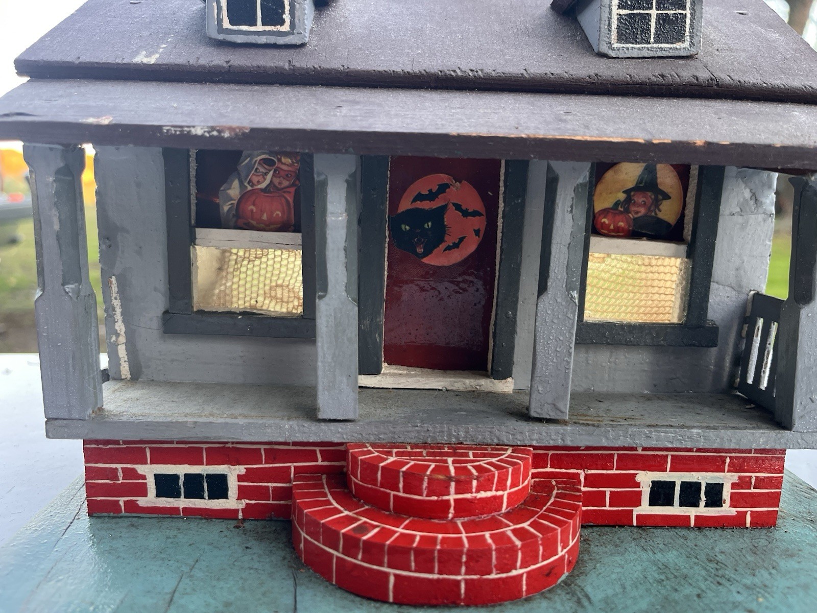 Small Vintage 1950s-60s Wood Halloween House Folk Art Small Vintage 1950s-60s Wood Halloween House Folk Art