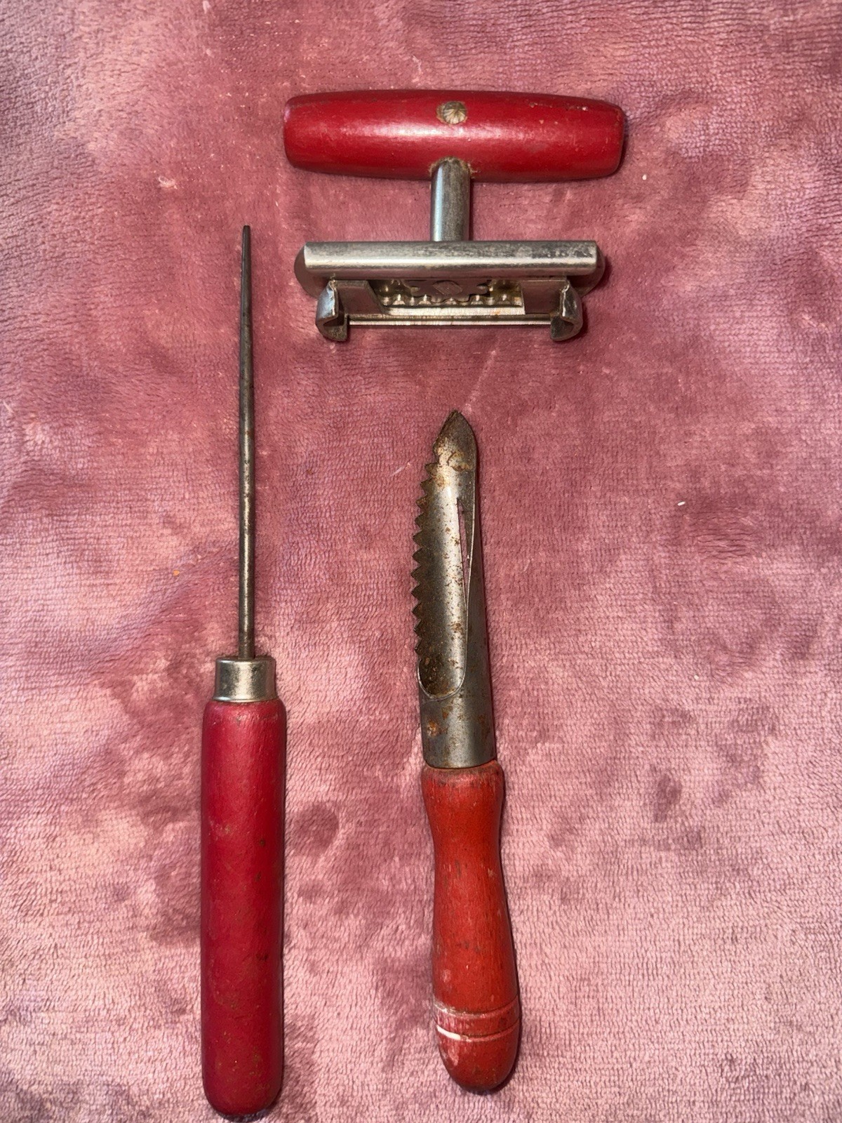 Antique Red Handled Wood Tools Ice Pick Vegetable Peeler Can Opener Antique Red Handled Wood Tools Ice Pick Vegetable Peeler Can Opener