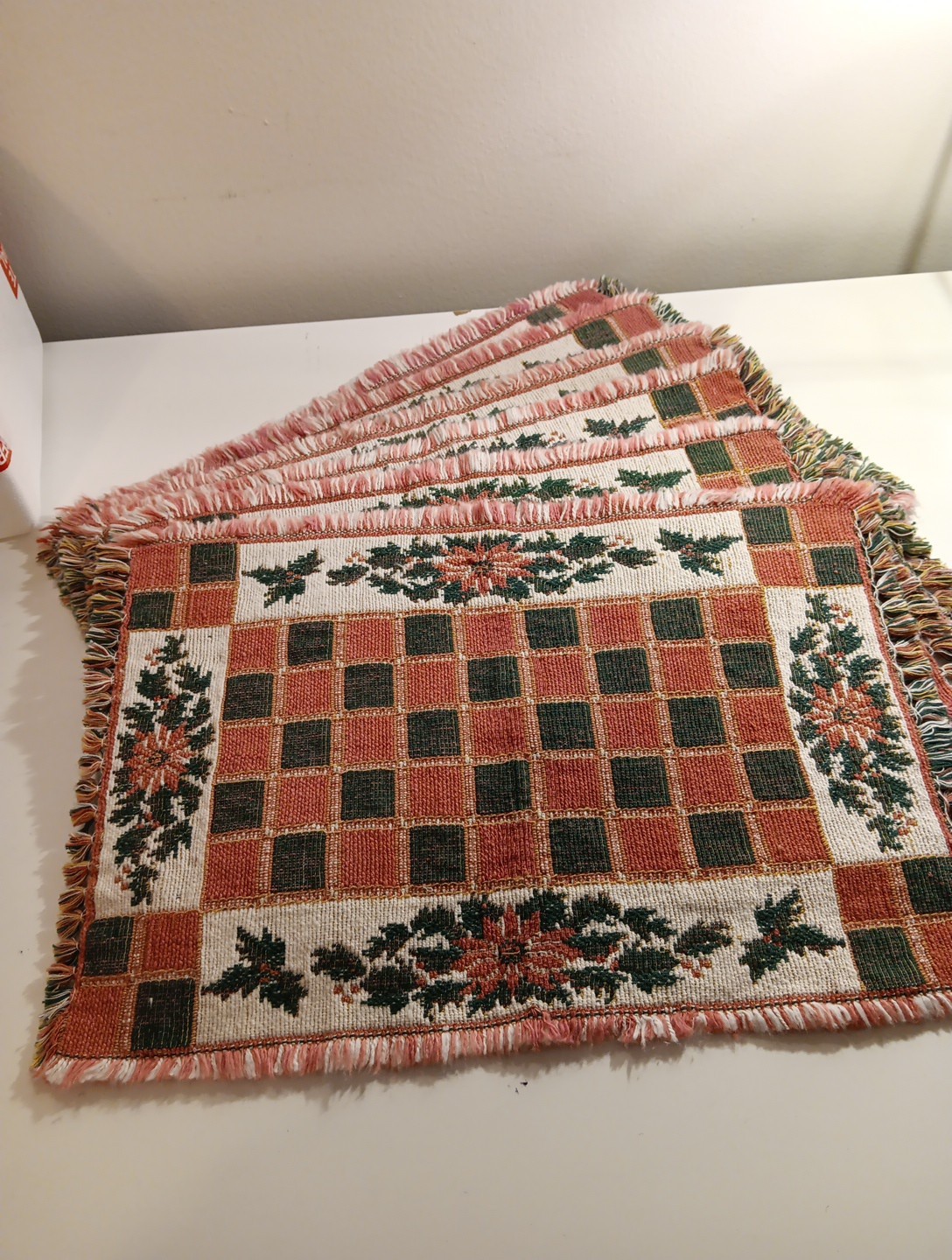 6) Vintage Woven Cotton Holly Checkerboard Design Placemats 12 × 18