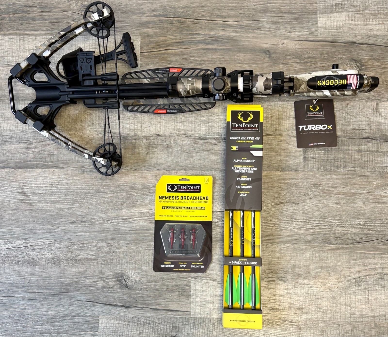 TenPoint Turbo X Crossbow Vektra Camo Bolts and Broadheads - Sighted In - New