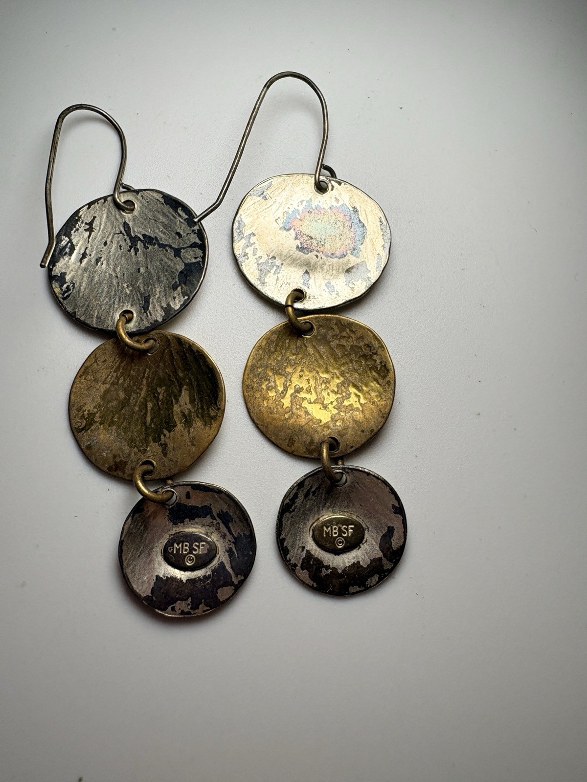Vintage Marjorie Baer MB SF Signed Mixed Metal 3 Tier Cascading Disc Earrings