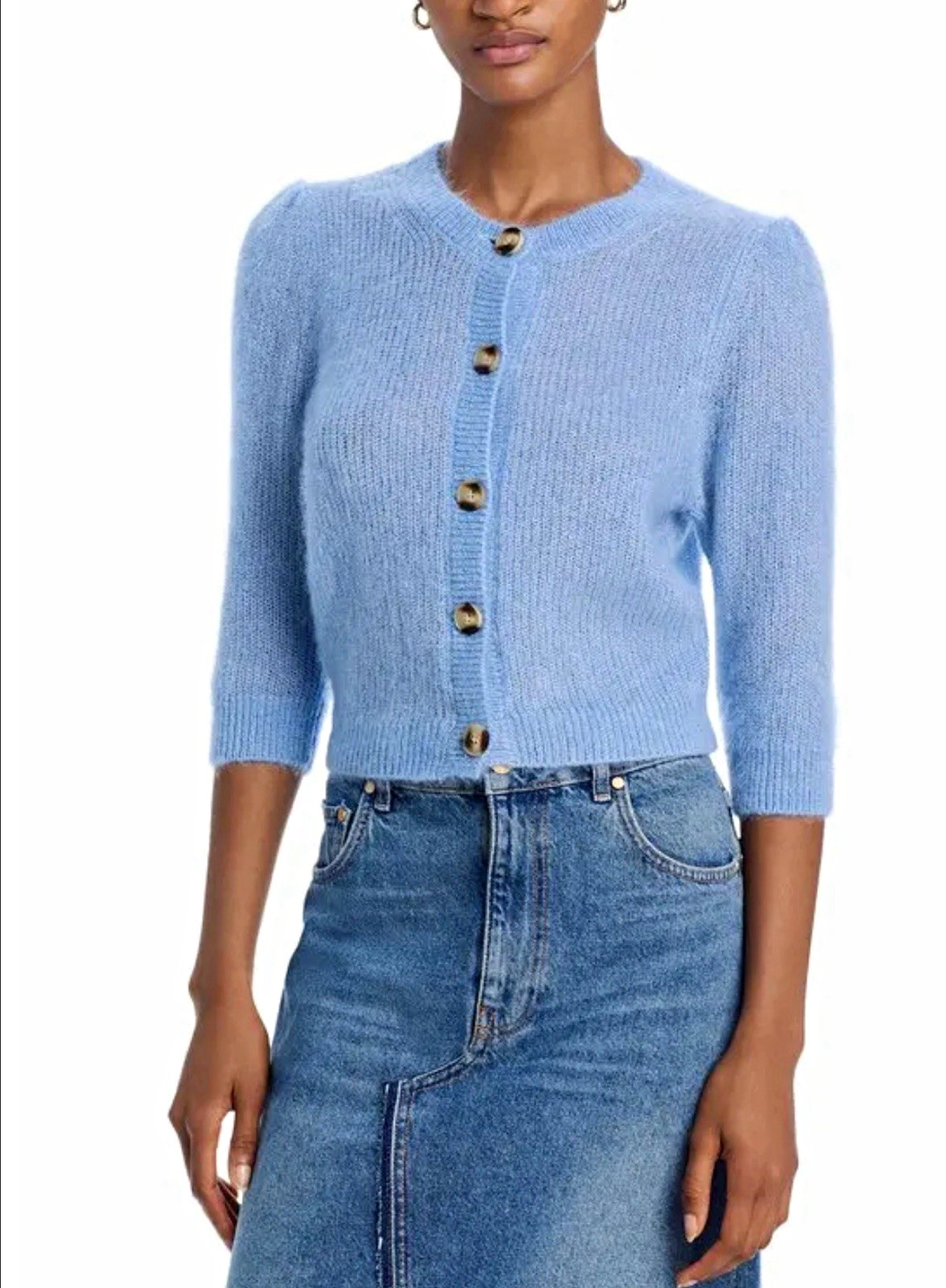 Vanessa Bruno DESIA Blue Mohair Silk Knit Button-Front Cardigan Sweater M 3/4 Vanessa Bruno DESIA Blue Mohair Silk Knit Button-Front Cardigan Sweater M 3/4