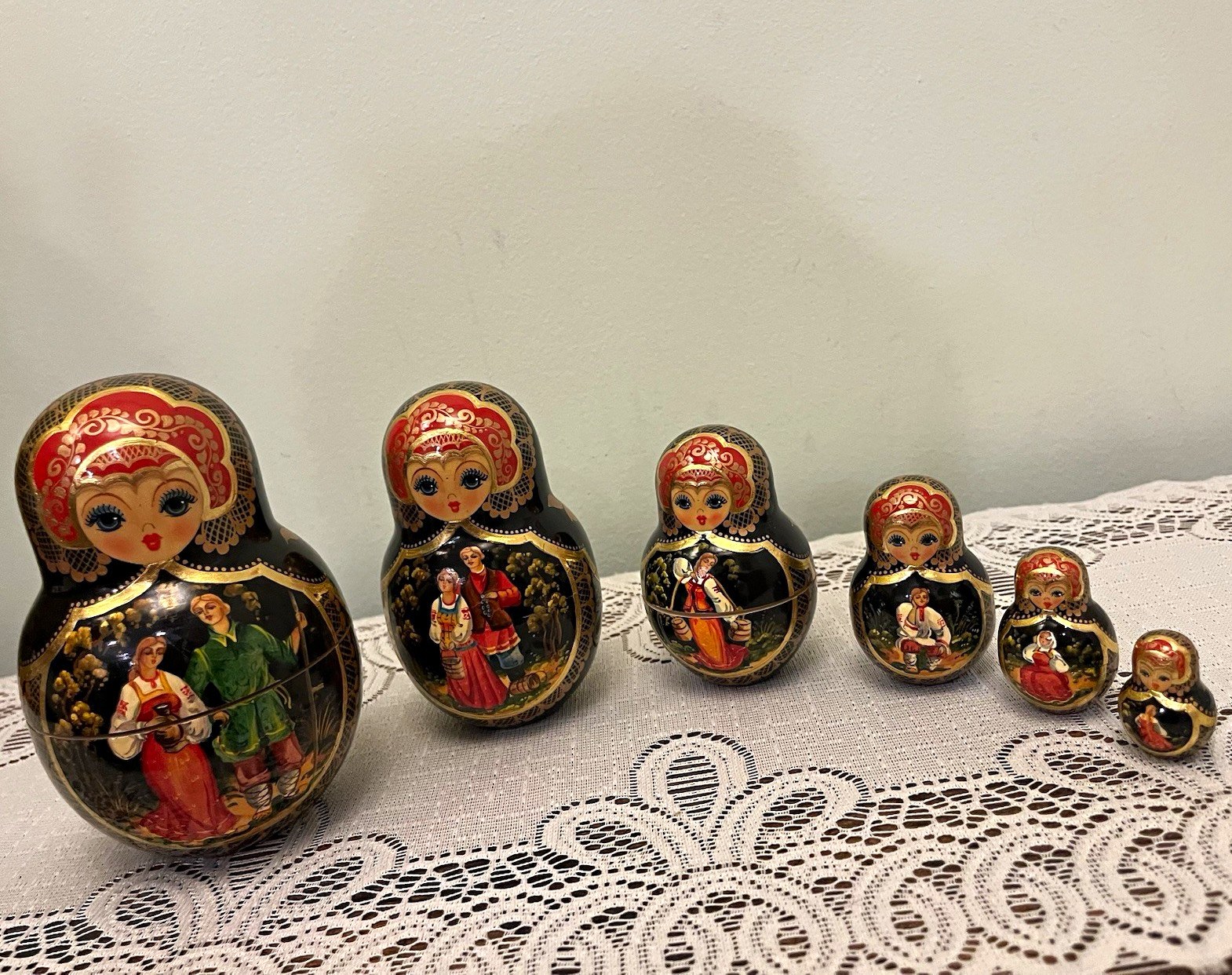 Set Of 6 Russian Matryoshka Nesting Dolls, Hand-Painted Black Floral & Scenes