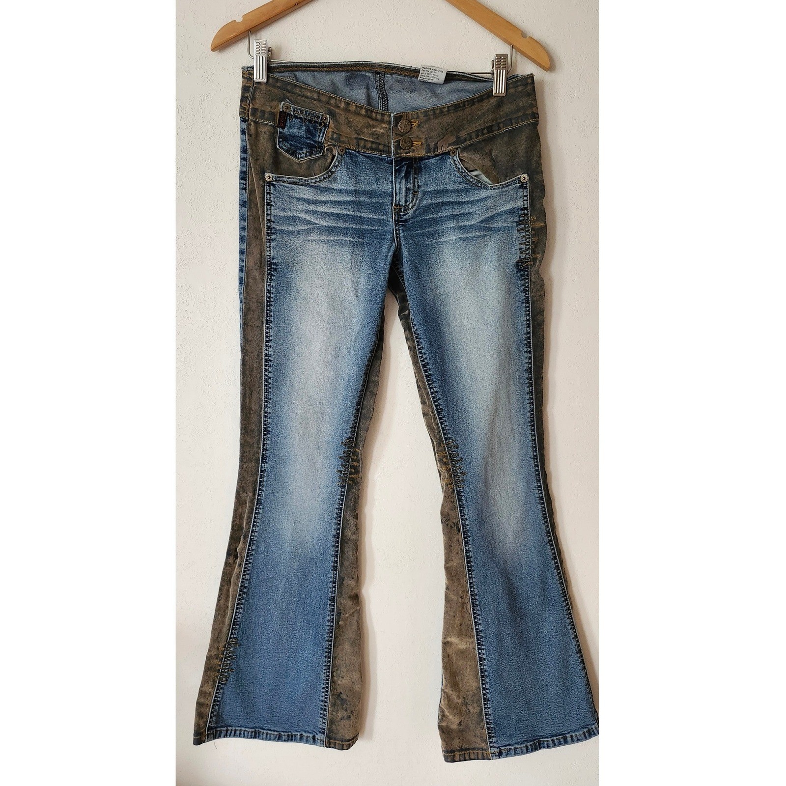 RARE Vintage Y2K Mudd Low Rise Flare Jeans Two Tone Blue Brown Size 7