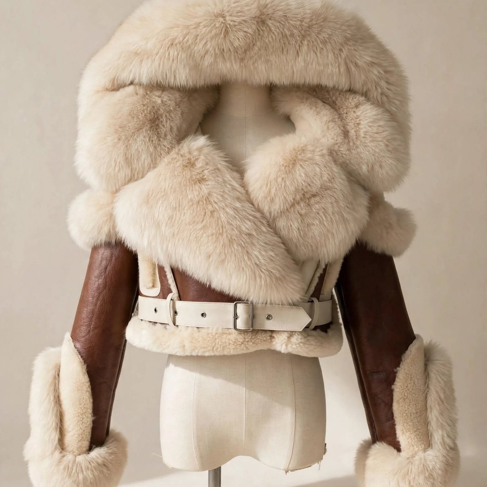 Luxury Women’s Fur Jacket – Fox Fur Hooded Belted Sheep Shearling Leather Coat