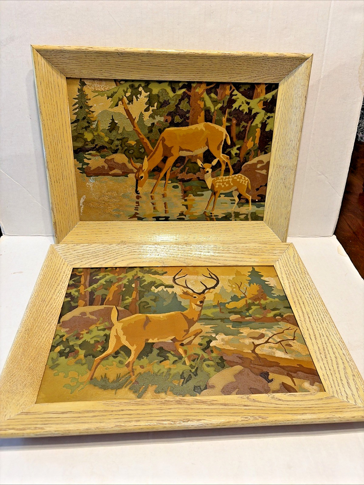 Pair Vintage Paint by Number Paintings Buck Deer in Forest w/River Framed 17x13