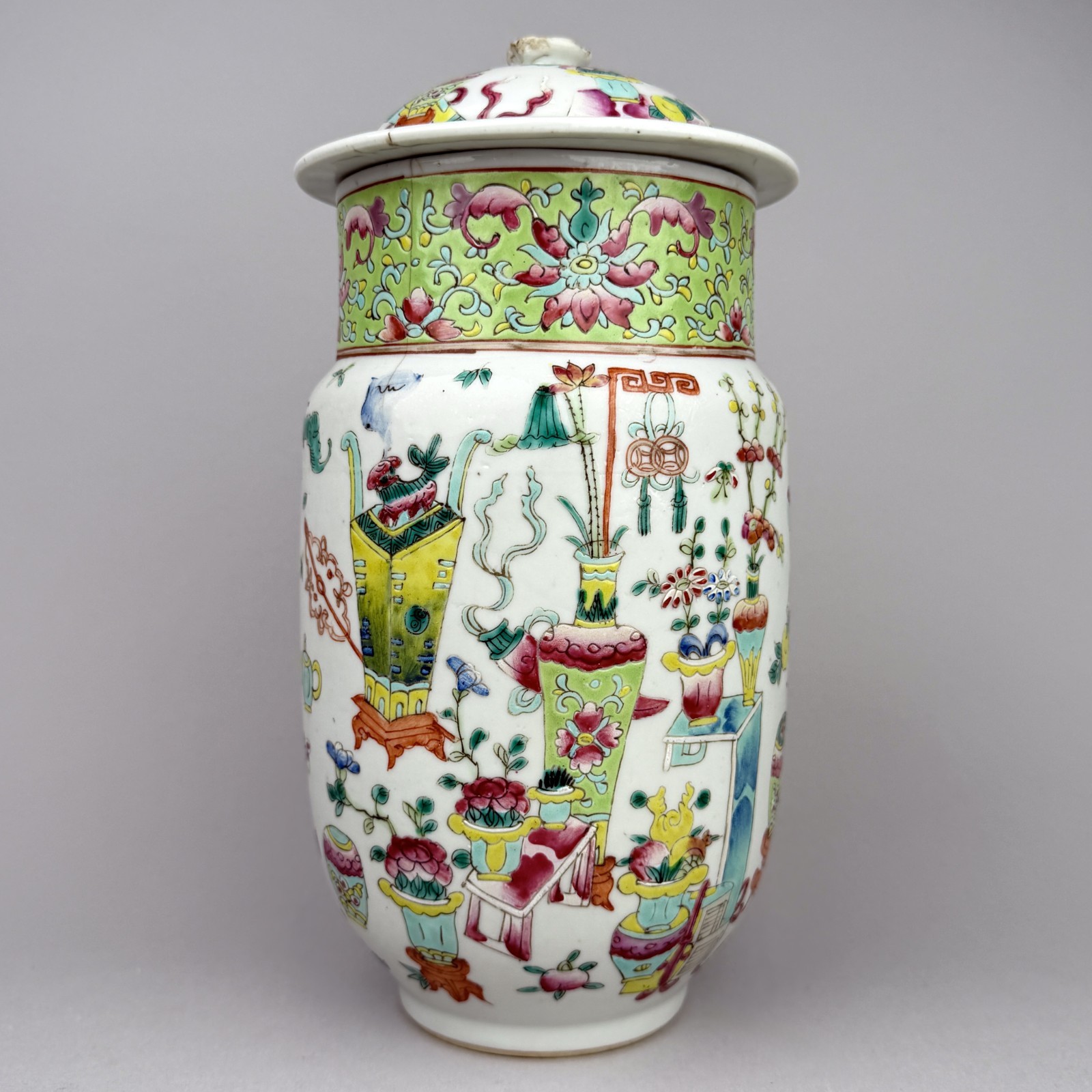 Antique Chinese Famille Rose Porcelain Covered Jar Hundred Antiques Bogu