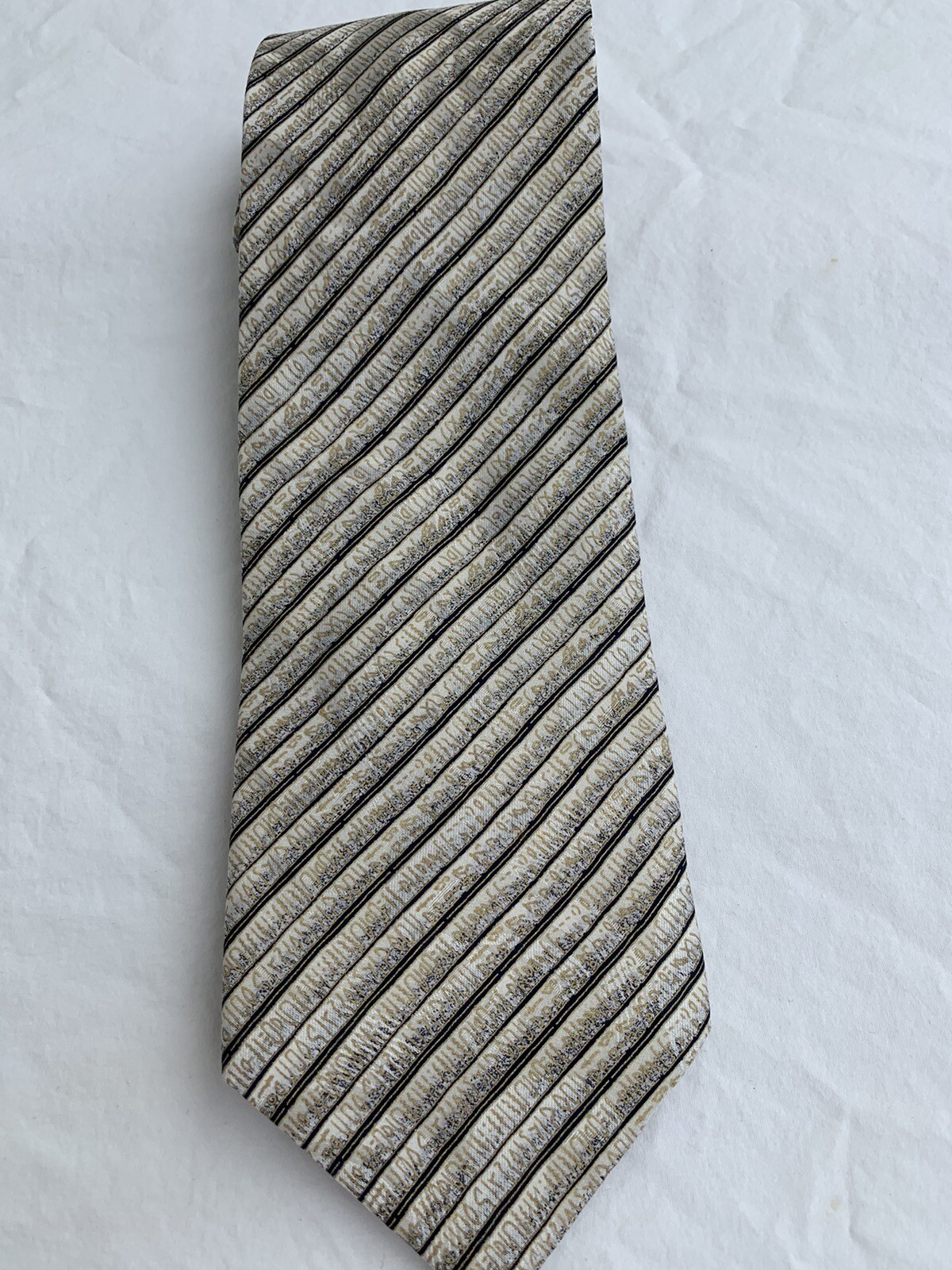 BRIONI, Handmade 100% Silk Tie Beige& Black Stripe, Luxury made In Italy BRIONI, Handmade 100% Silk Tie Beige& Black Stripe, Luxury made In Italy