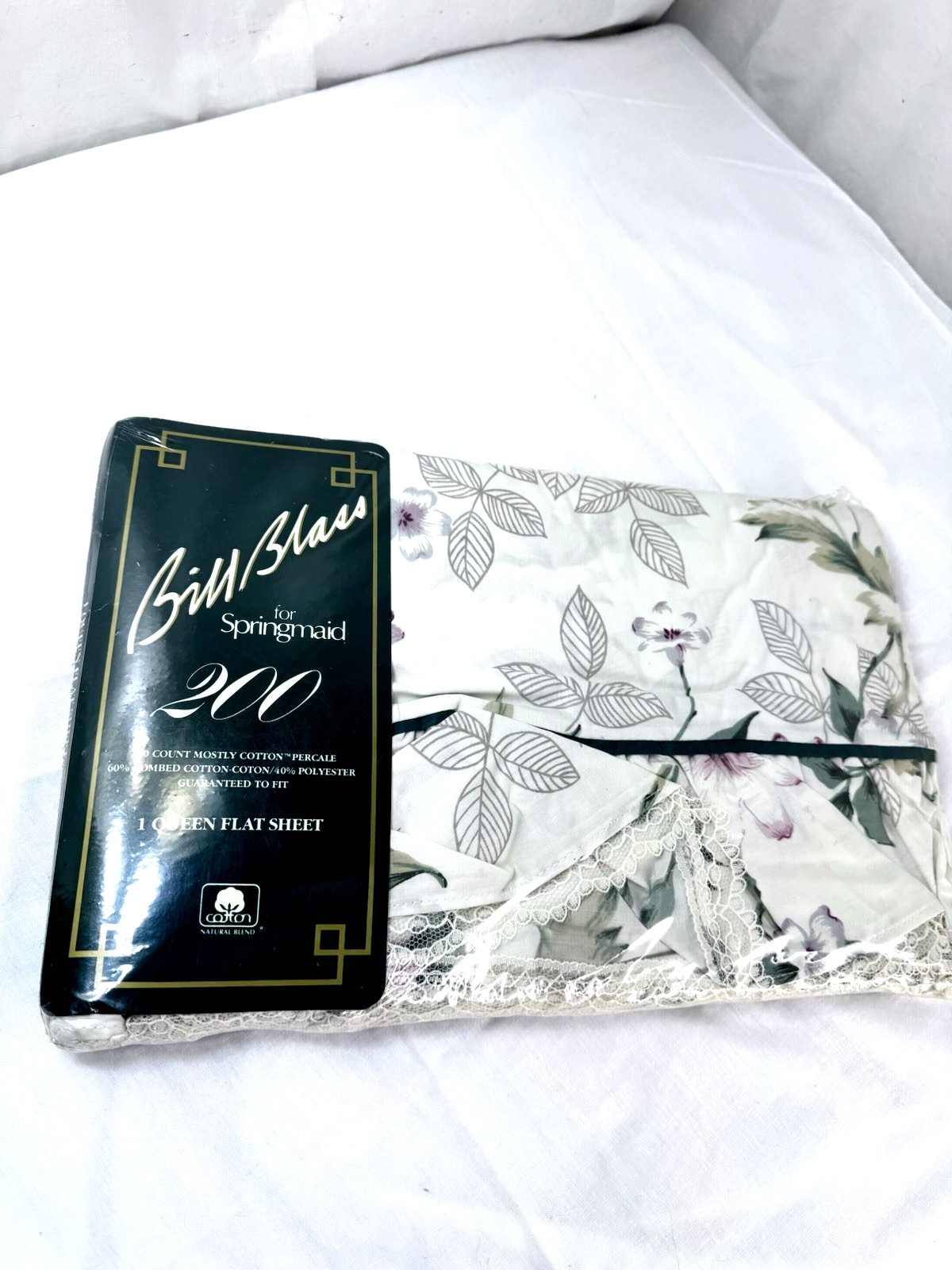 VTG Springmaid Bill Blass Queen Romance Rose Floral Flat Sheet Ruffle Lace NOS