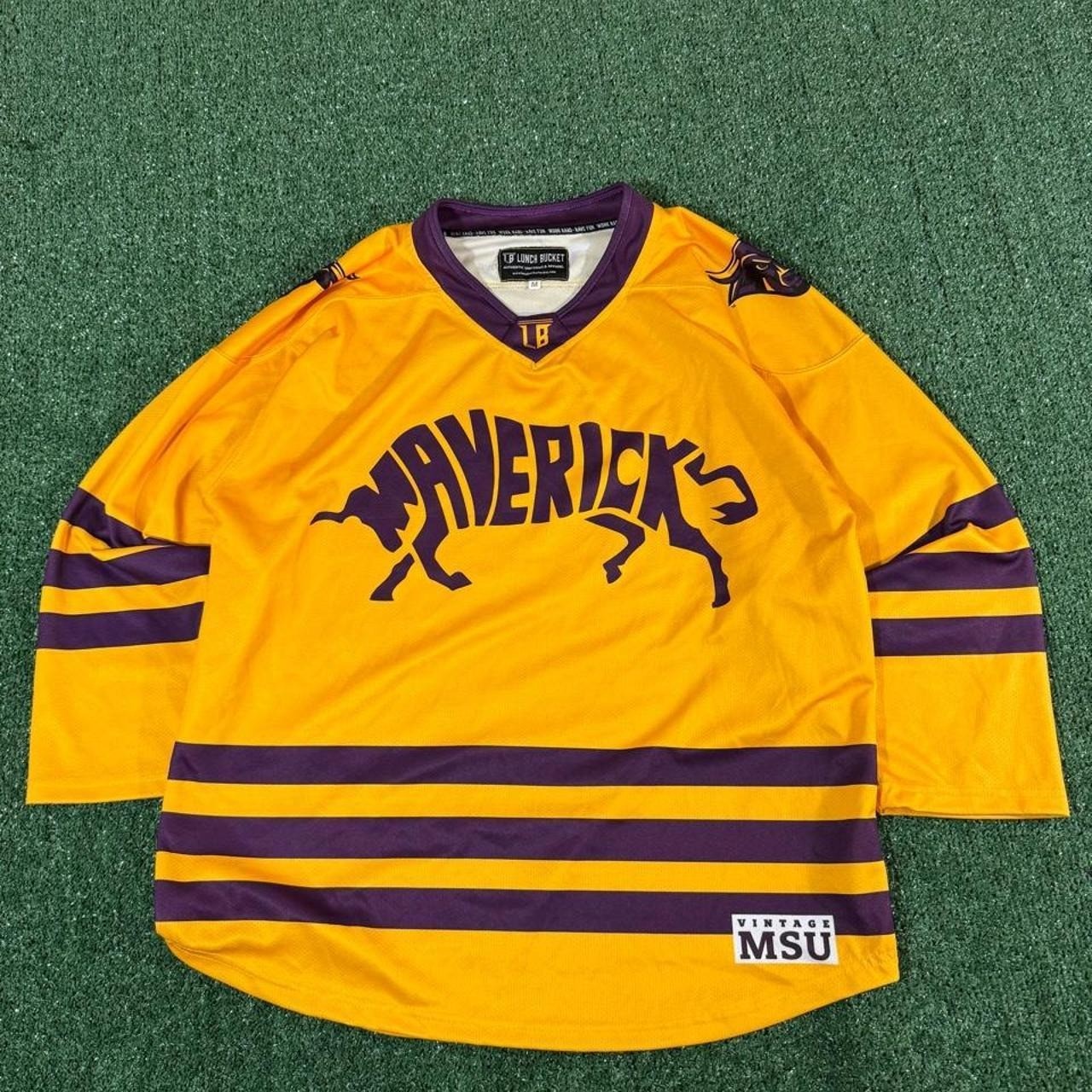 Vintage MSU Minnesota State Mavericks Hockey Jersey Lunch Bucket Gold Purple M