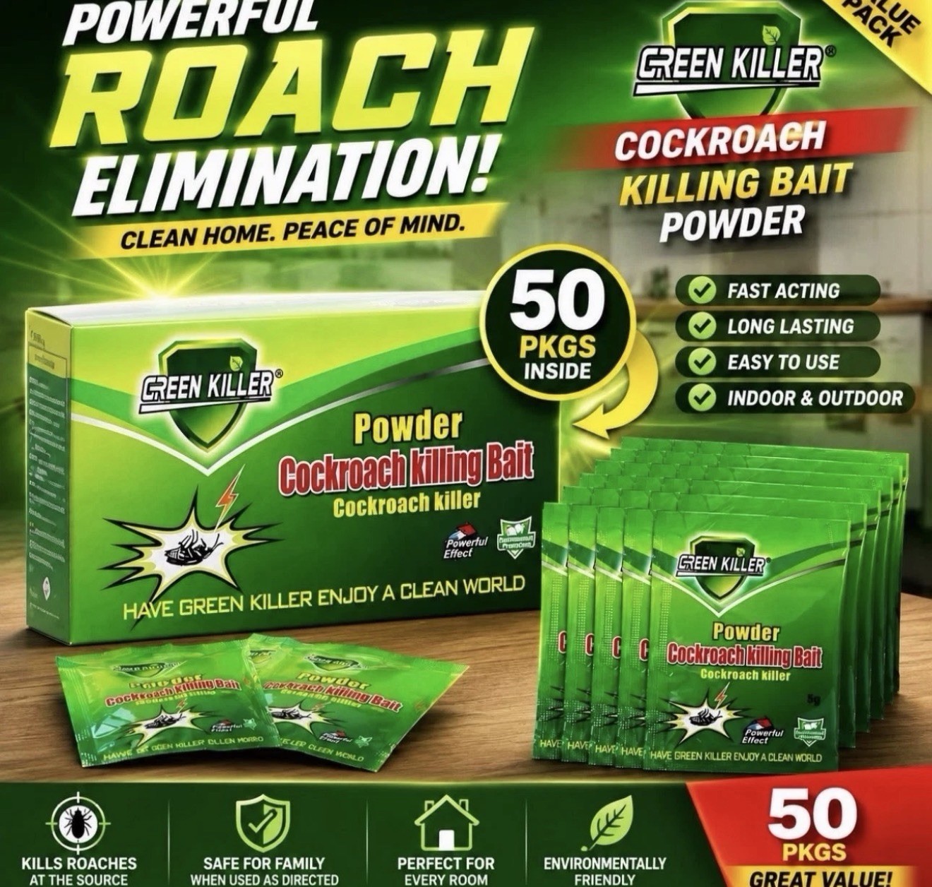 Green Killer Cockroach Killing Powder Bait, Roach Killing Bait 1box 50 Pcs Green Killer Cockroach Killing Powder Bait, Roach Killing Bait 1box 50 Pcs