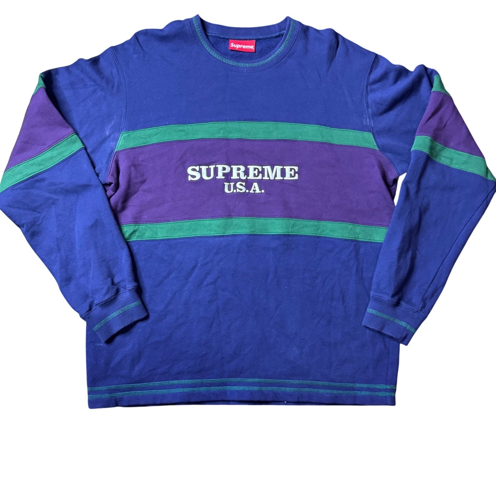 Supreme USA Colorblock Crewneck Sweatshirt Blue Purple Green Large Mens