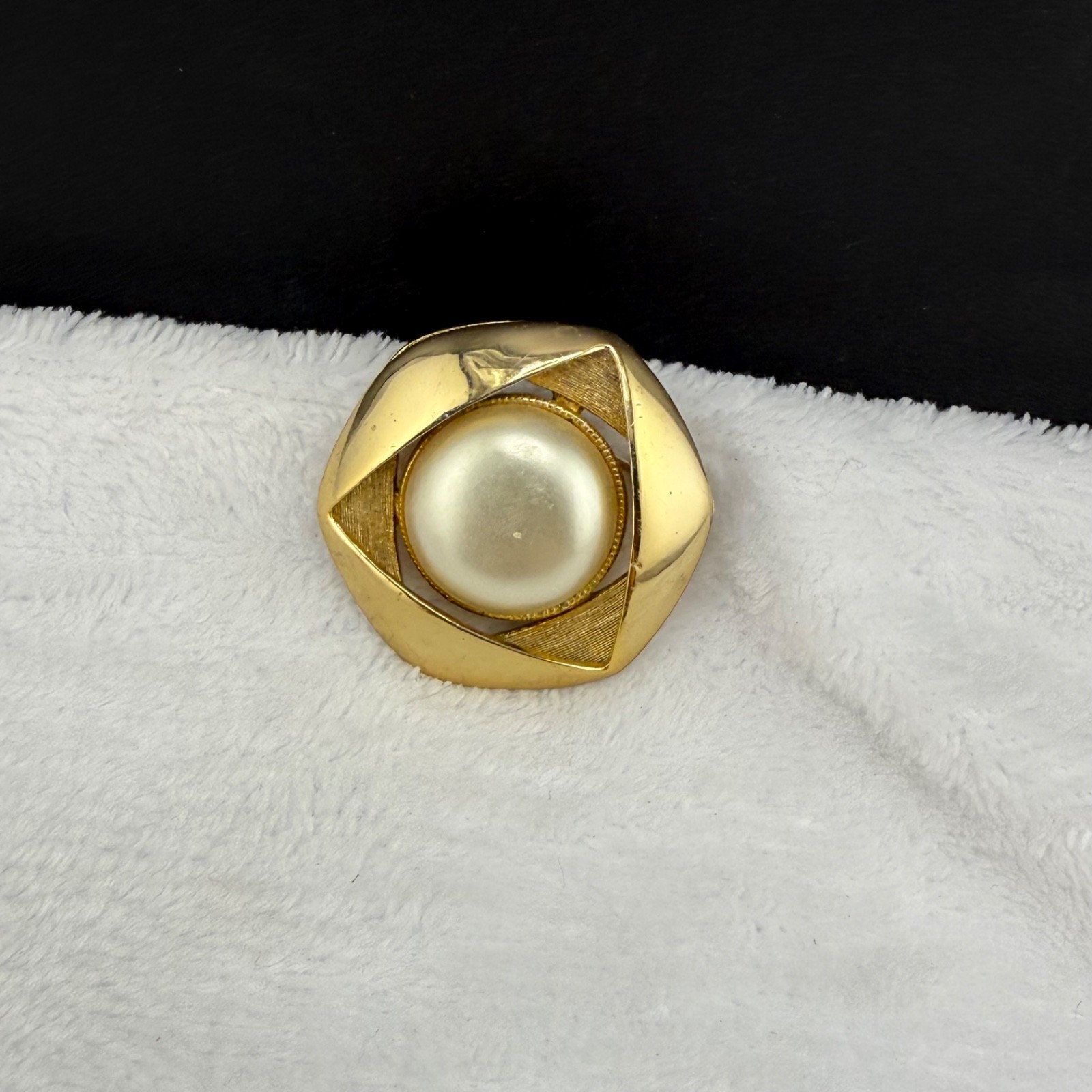 Vintage Orena Paris Brooch Gold Tone Faux Pearl Geometric Signed
