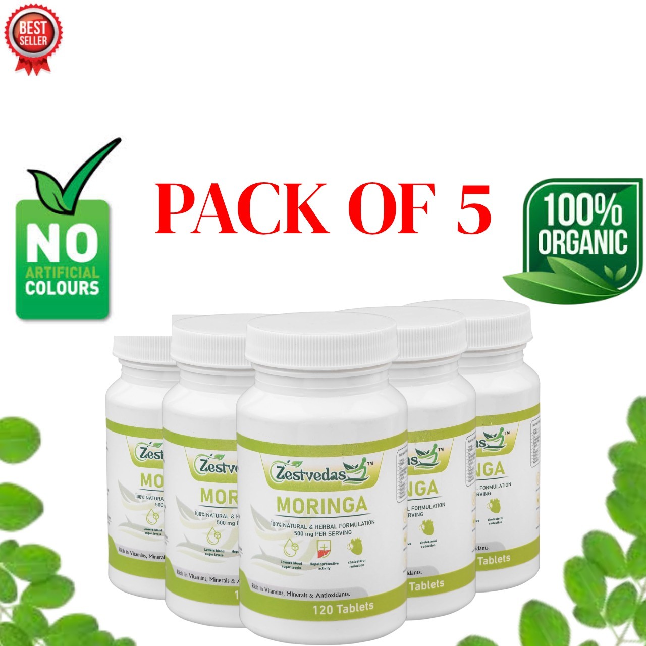 Zest.ve.das Organic Moringa 120 Tablets Superfood Energy Pack of 5