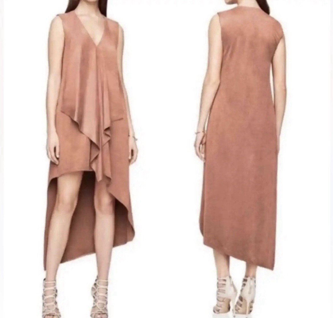 BCBG Maxazria Tara Asymmetrical Dress Sz S Cascade Ruffle Faux Suede Runway City BCBG Maxazria Tara Asymmetrical Dress Sz S Cascade Ruffle Faux Suede Runway City