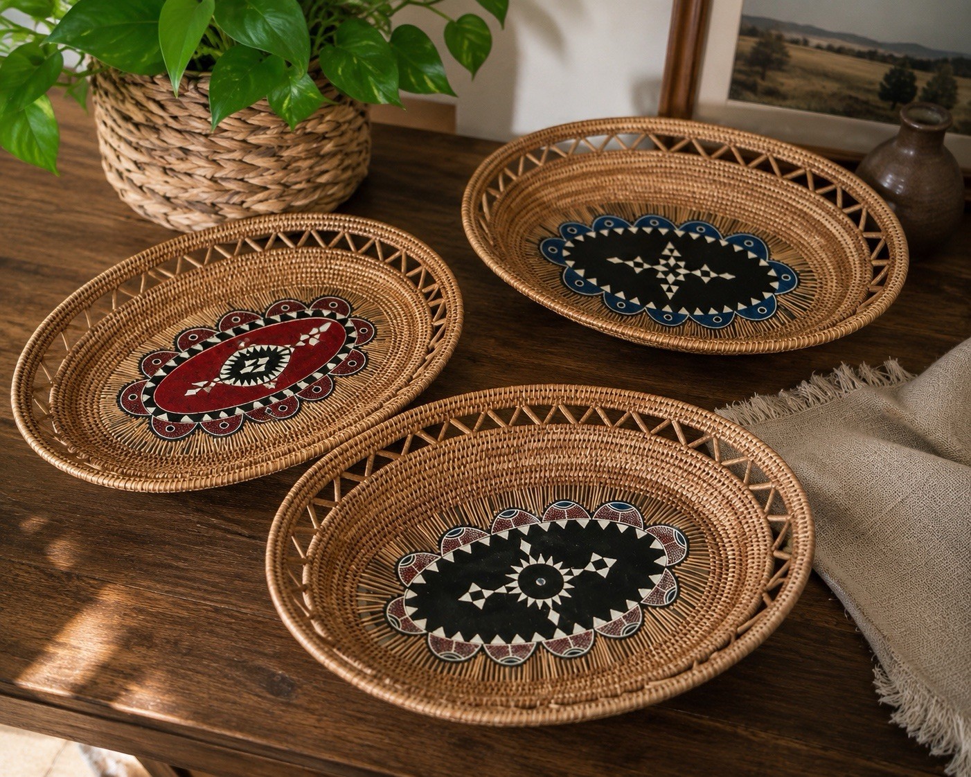 Vintage African-Style Handwoven Decorative Set Of 3 Boho Decor Wall Art Vintage African-Style Handwoven Decorative Set Of 3 Boho Decor Wall Art