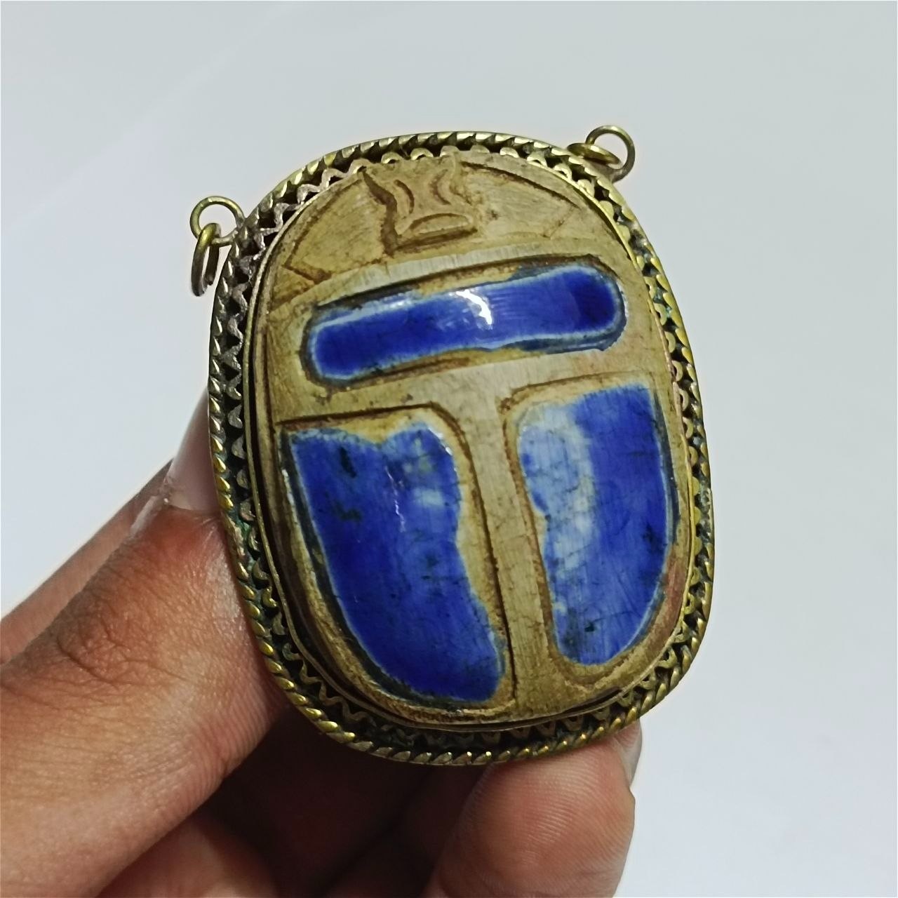 Ancient Egyptian Blue Scarab Pendant Handmade Brass Vintage Style Jewelry 