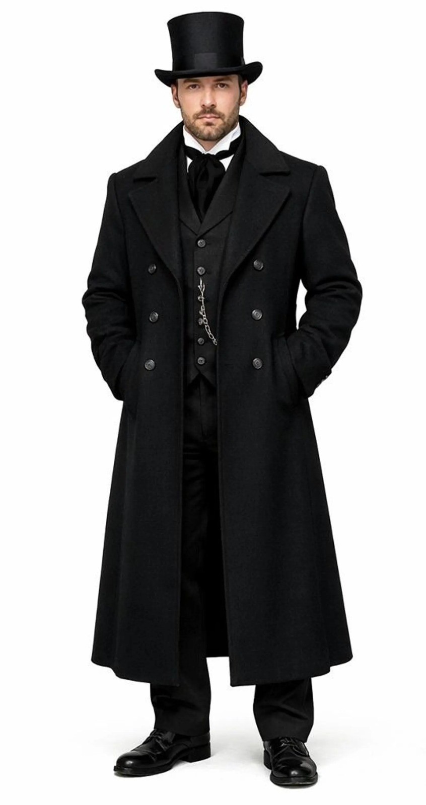 Men\'s Victorian Black Wool Long Coat, Handmade Vintage Victorian Steampunk Coat