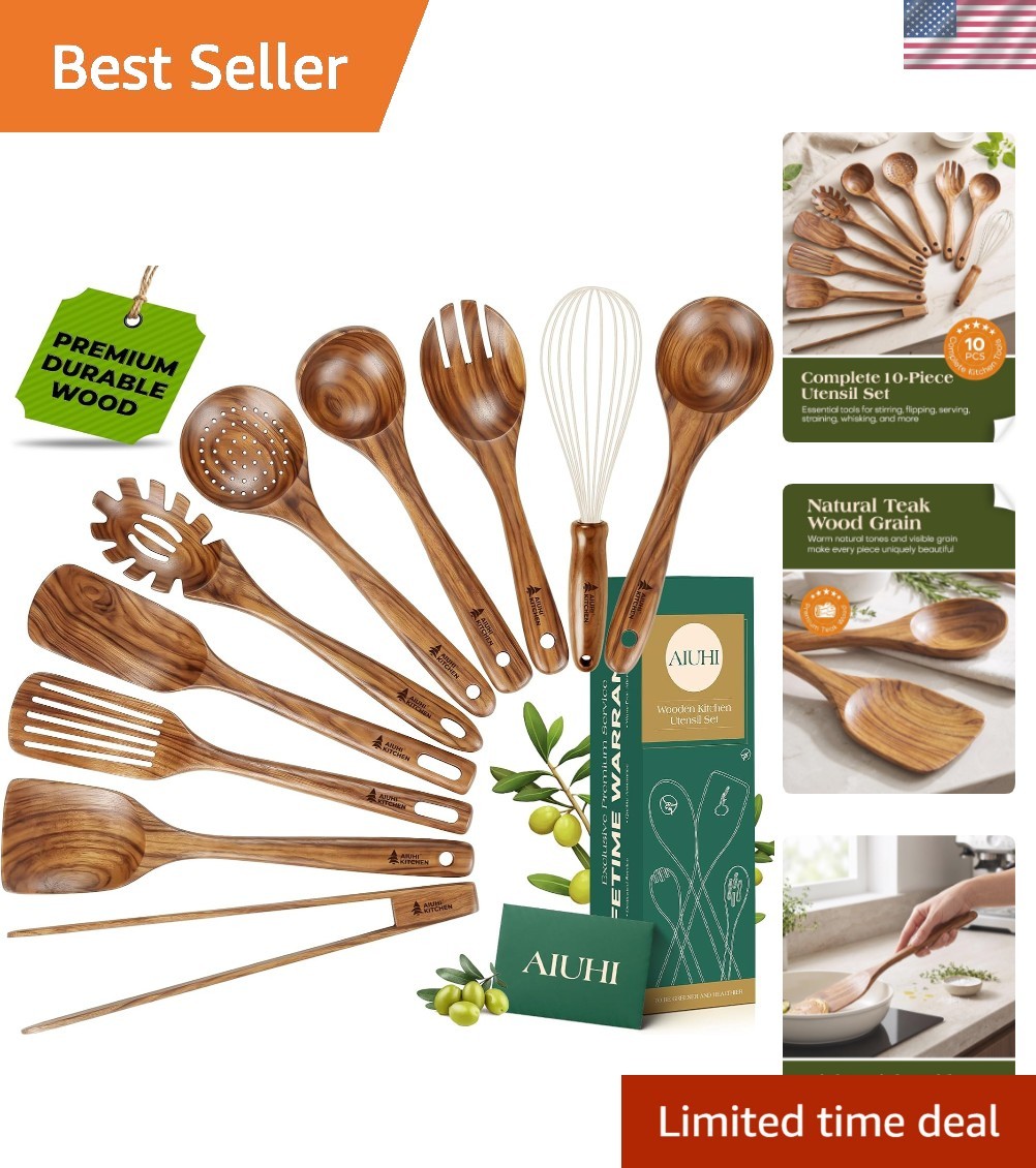 10Pcs Wooden Kitchen Utensils, Teak Wood Utensil Set for Kitchen, Heat-resist... 10Pcs Wooden Kitchen Utensils, Teak Wood Utensil Set for Kitchen, Heat-resist...