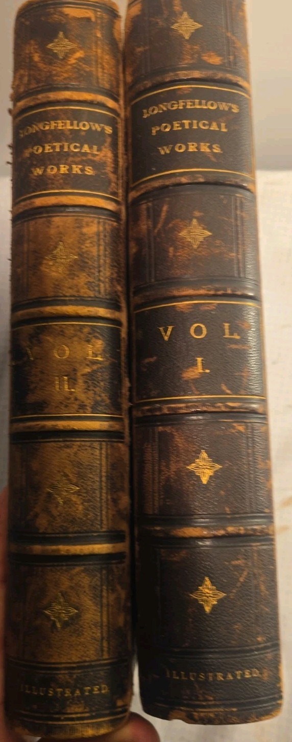 1879-1880 Longfellow Poetical Works 2 Huge Folio Leather Illustrated Volumes