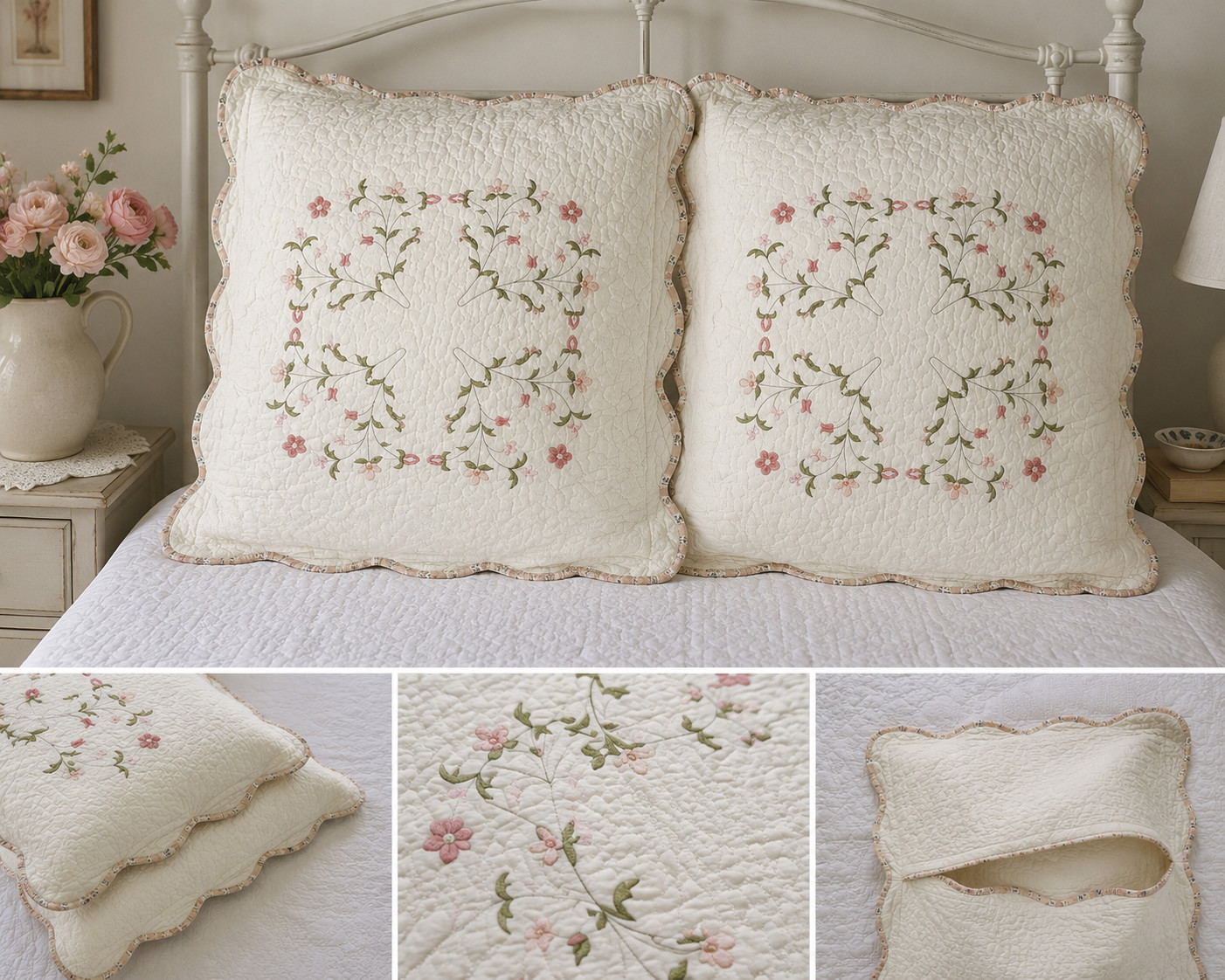 Modern Heirloom Quilted Pillow Shams Pair Ivory Pink Floral Embroidered Cottage