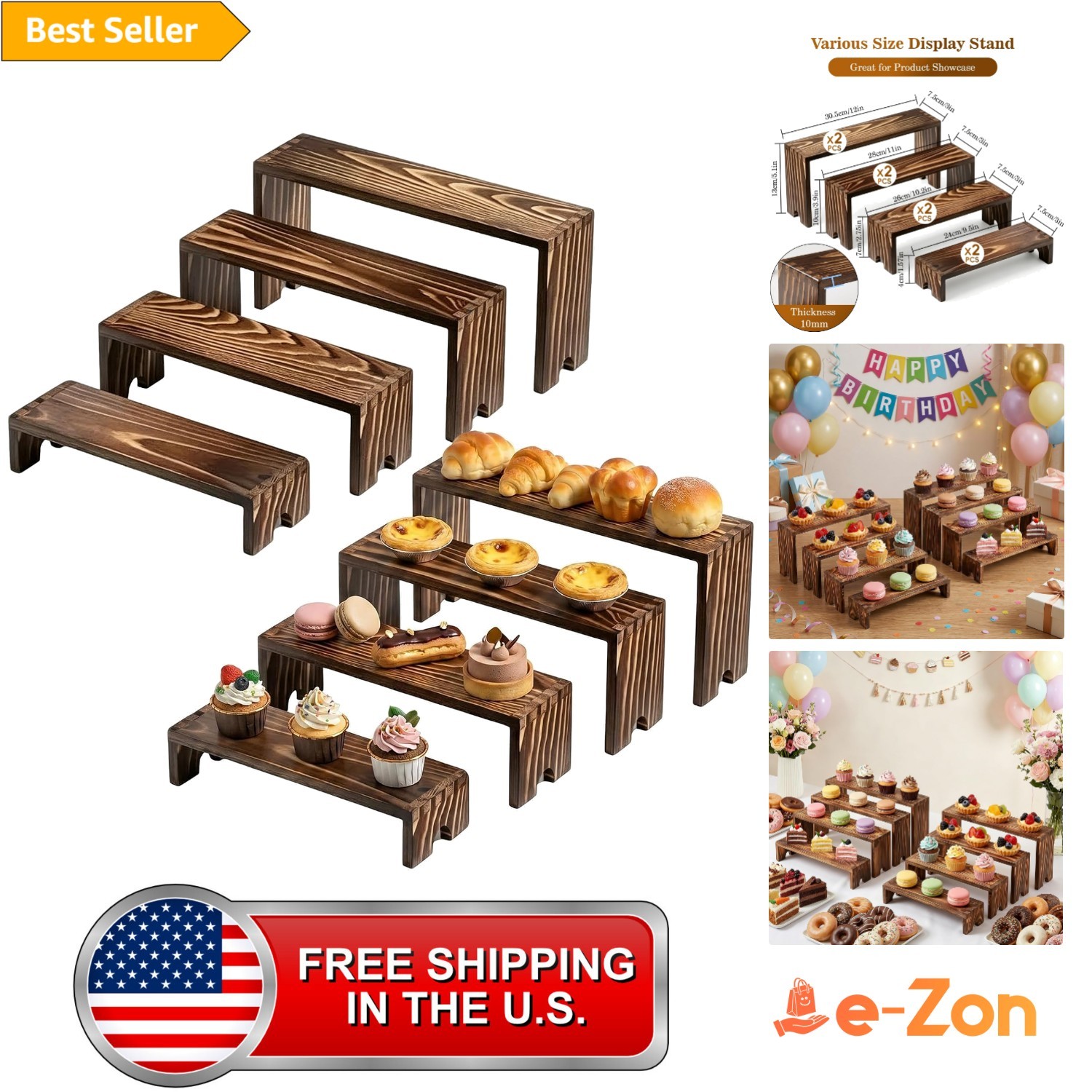 Wooden Tiered Risers Display Stands Stackable Cupcake Tier Riser 2 Pack