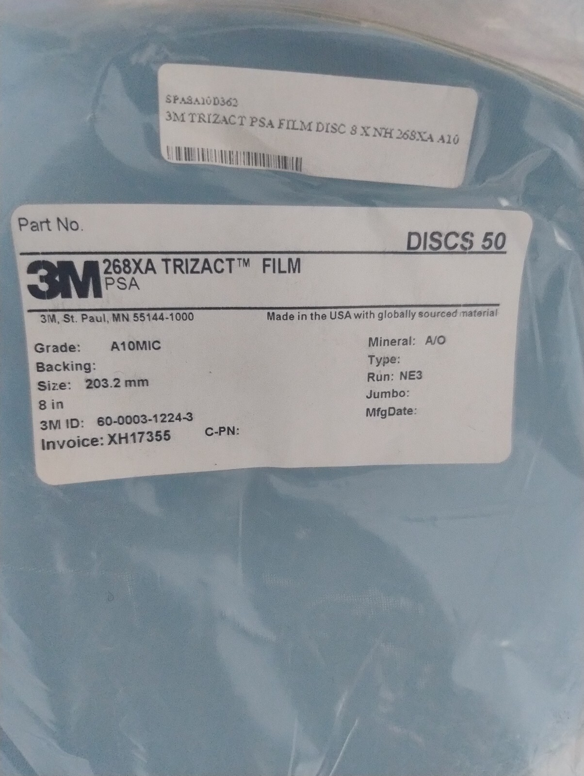 3M Trizact PSA Film Disc 268XA, A10, 8in, (50 Ea)
