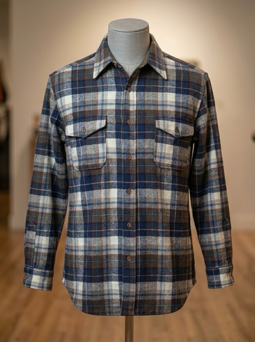 VTG 70s Pendleton Wool Shirt Jacket Quilted Lined Plaid Brown Blue Mens 16 / M