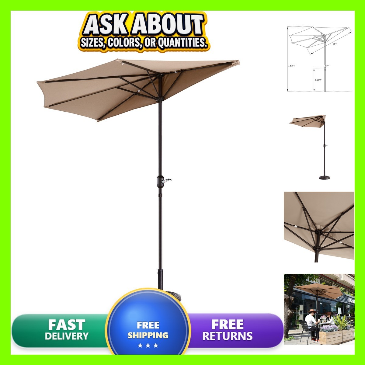 Pure Garden 9\' Outdoor Patio Half Umbrella 5 Ribs Beige