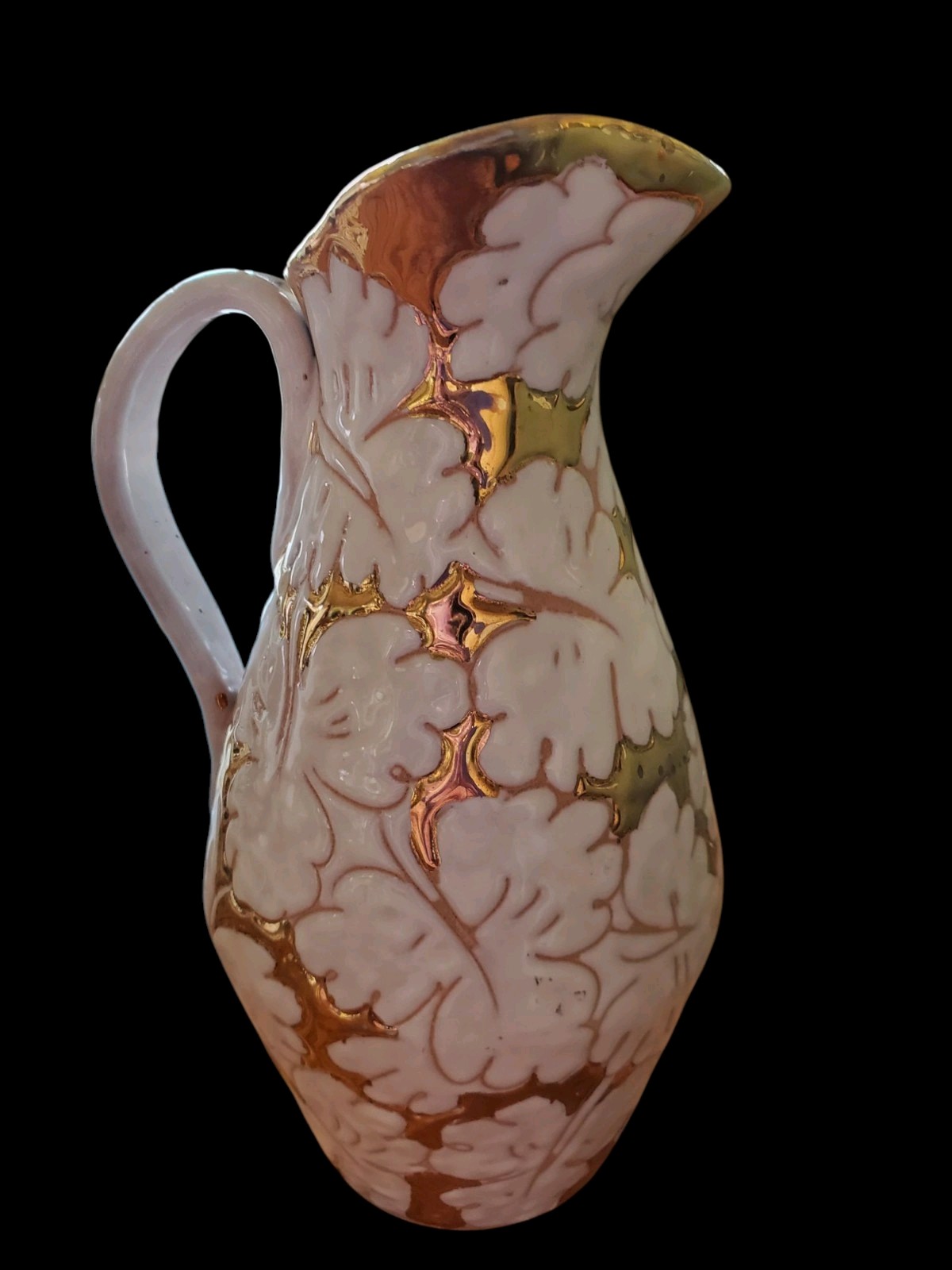 VTG Art Nouveau Sgraffito Style Gold Guild White Leaves Pitcher Vase Italy