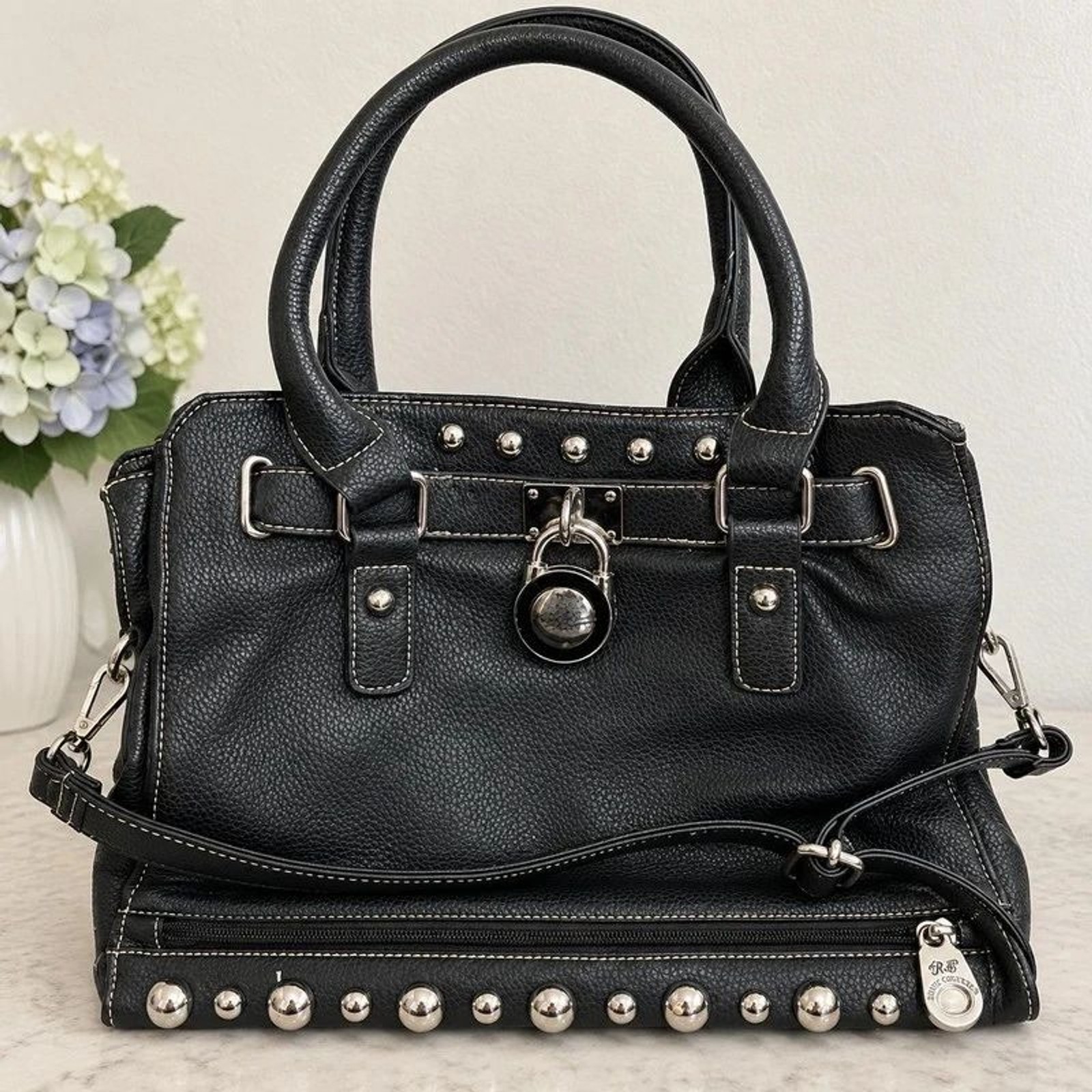 Rustic Couture Black Studded Satchel Handbag Lock Charm Y2K Western Rustic Couture Black Studded Satchel Handbag Lock Charm Y2K Western