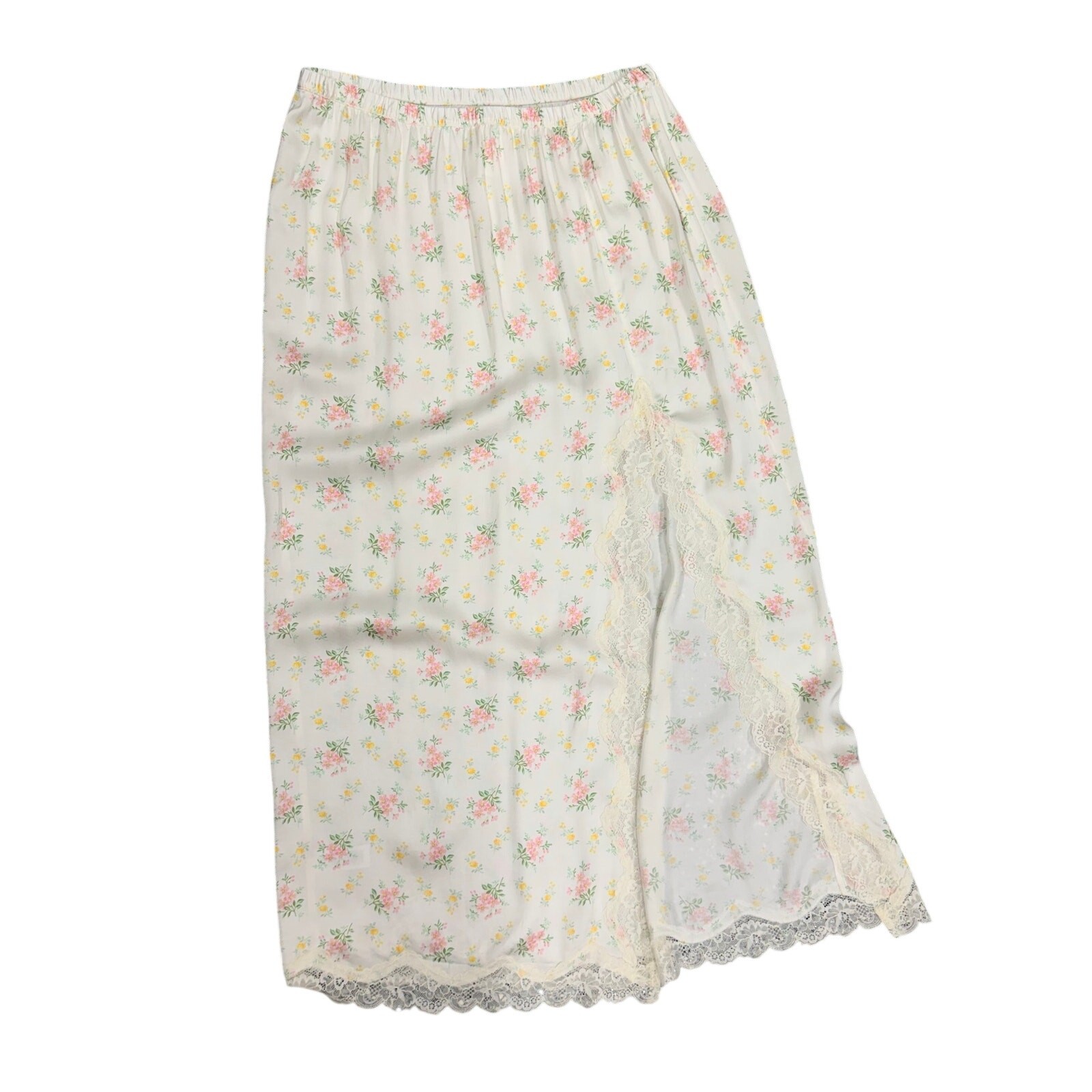 Aerie Satin Midi Skirt With Lace Trim Slit M Delicate Floral White NWT