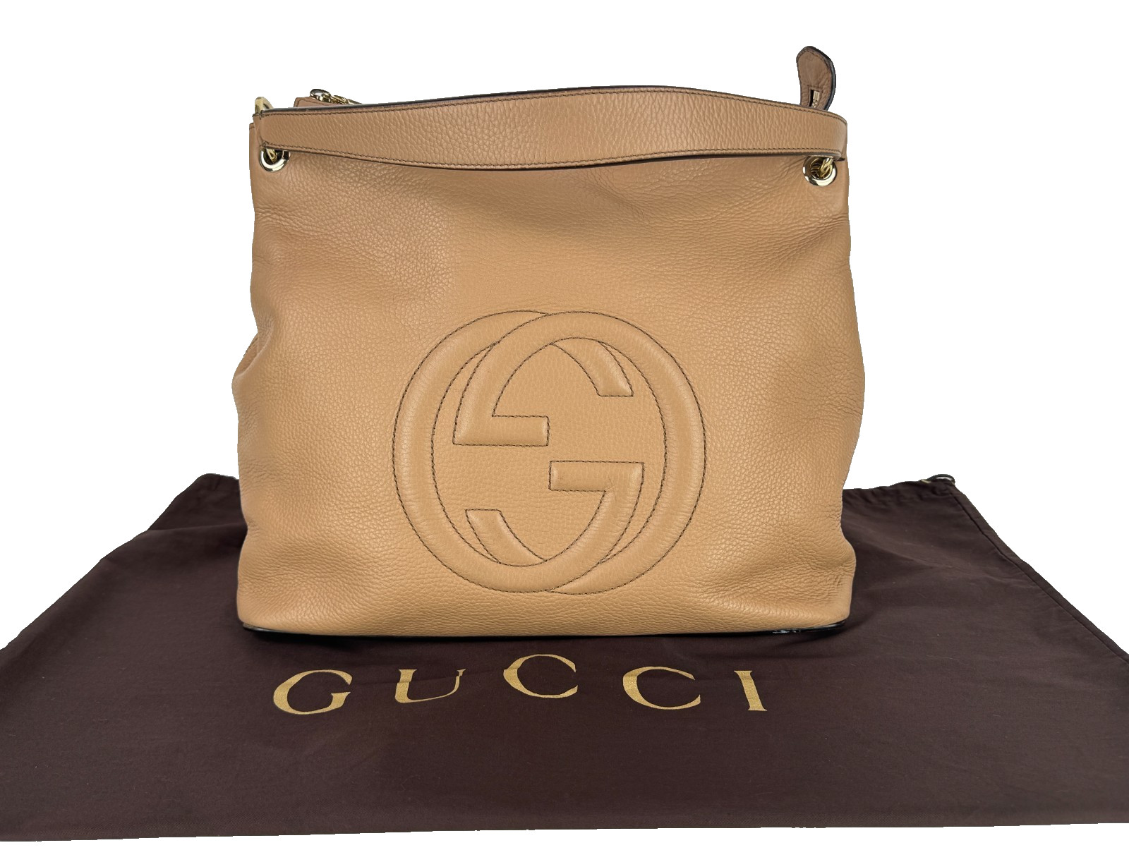 Gucci Auth Beige Leather Soho Convertible Bag GG Zip Tote Hobo Runway Dust Bag