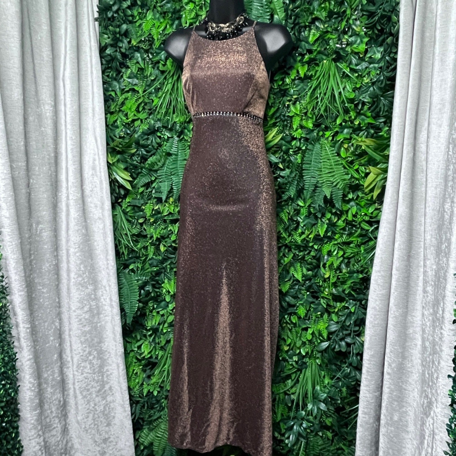 Vintage Cache Dress 6 Bronze Metallic Shimmer Halter Maxi Rhinestone Waist 4217